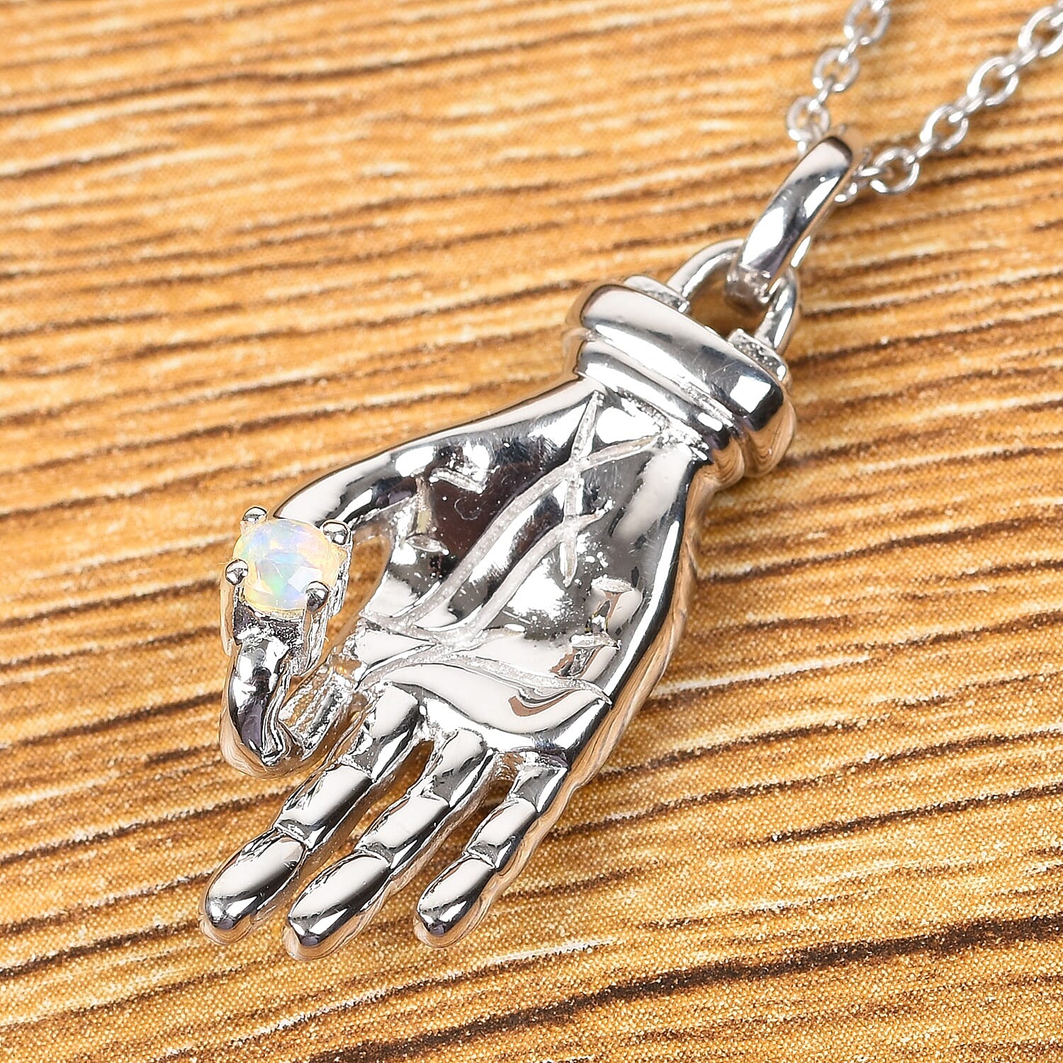 Sundays Child - Ethopian Welo Opal Hand Pendant with Chain (Size 20) in Platinum Overlay Sterling Silver