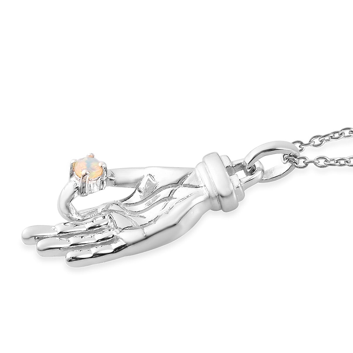 Sundays Child - Ethopian Welo Opal Hand Pendant with Chain (Size 20) in Platinum Overlay Sterling Silver