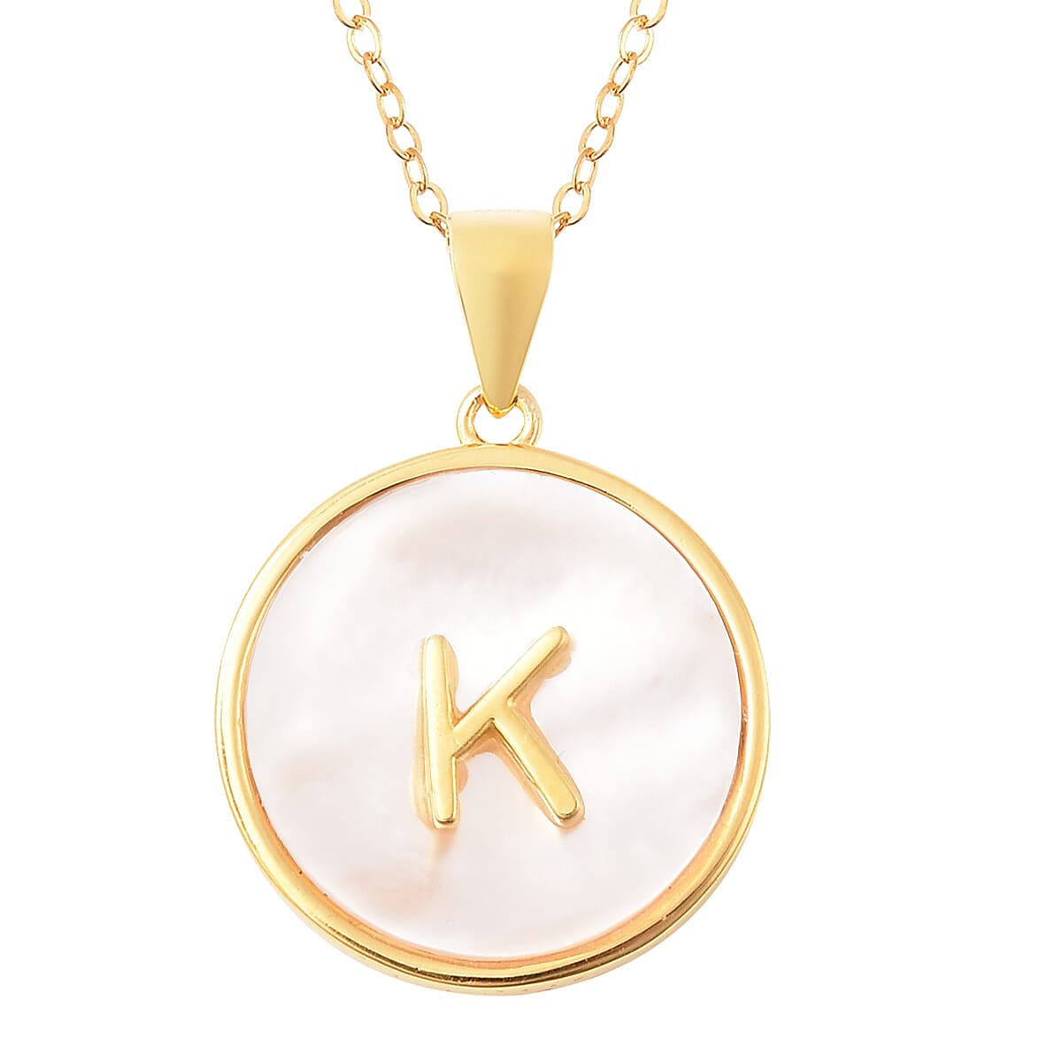 White Mother of Pearl Initial K Pendant with Chain (Size 18) in Gold Overlay Sterling Silver