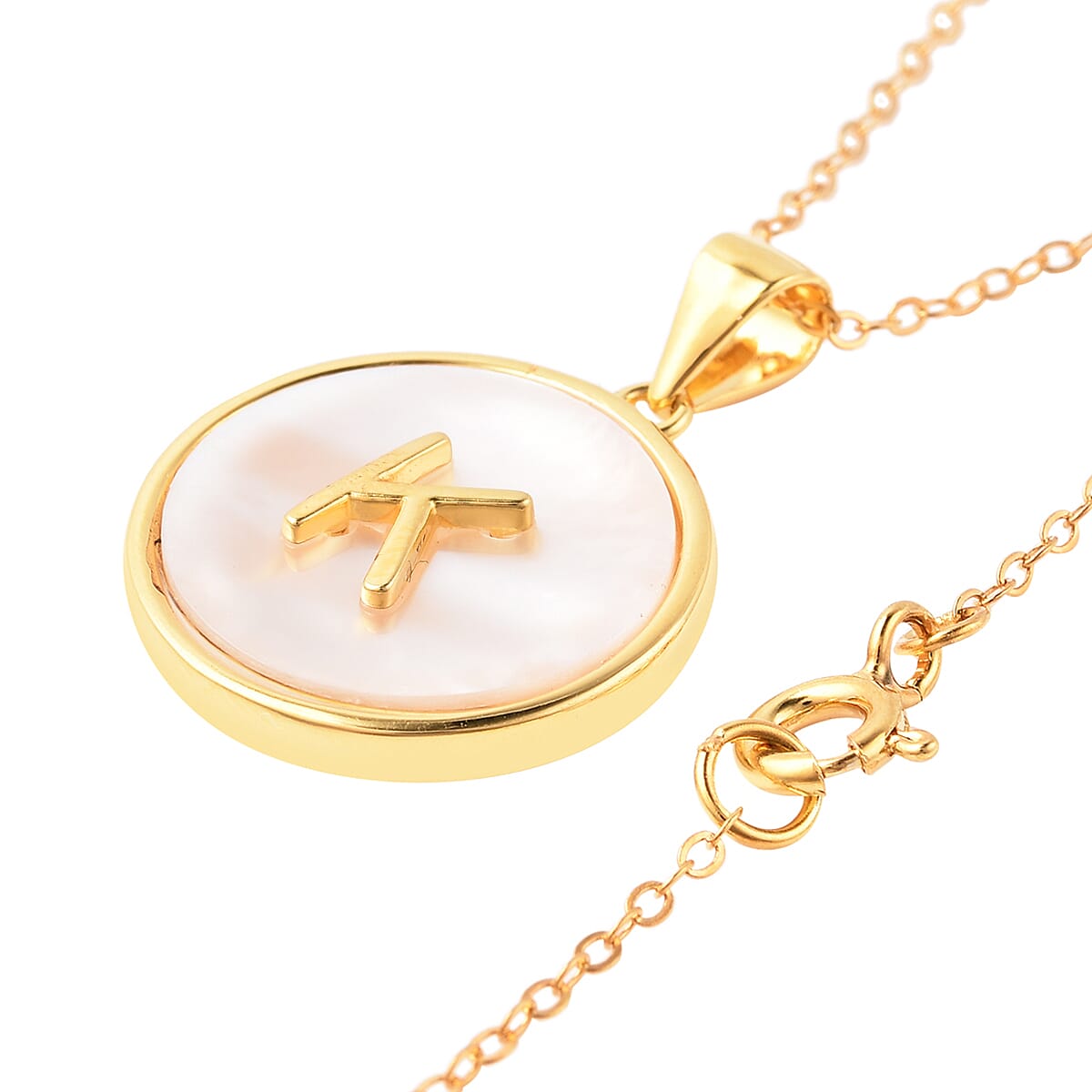White Mother of Pearl Initial K Pendant with Chain (Size 18) in Gold Overlay Sterling Silver