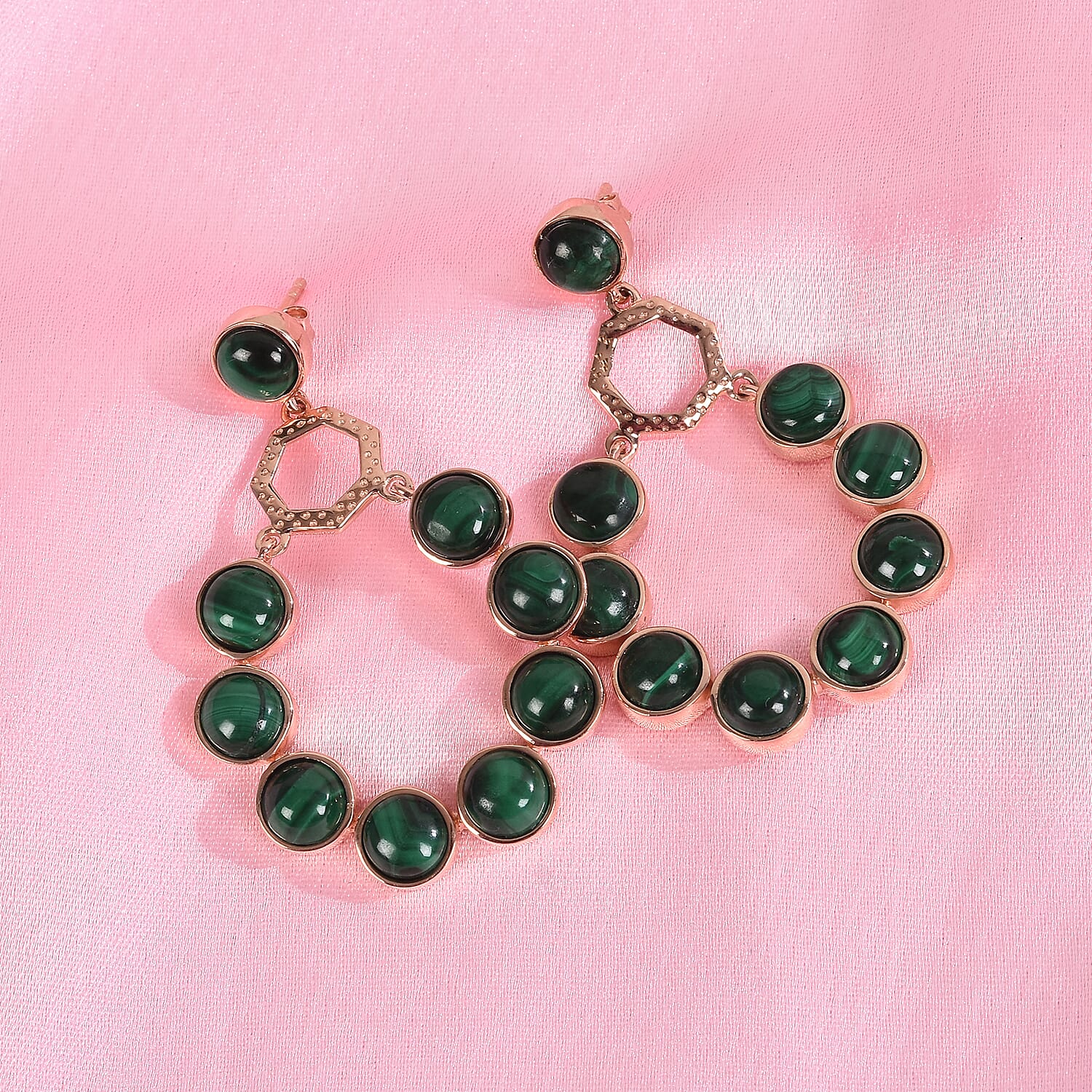 Malachite Drop Earrings (with Push Back) in Rose Gold Tone 19.72 Ct.