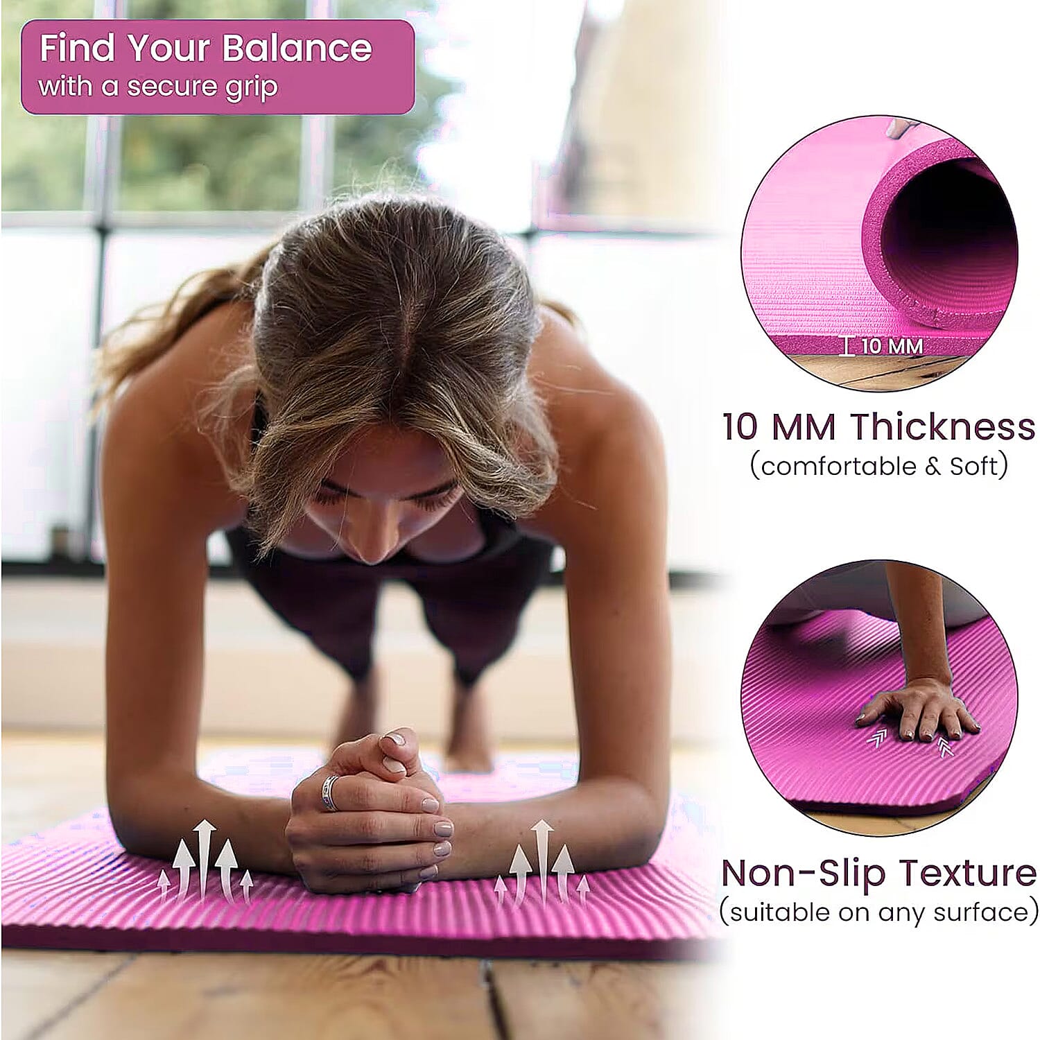 Soul Smart NBR Yoga Mat Non Slip Exercise - Pilates Mat with Carrying Strap (Size 188x61 cm) - Pink