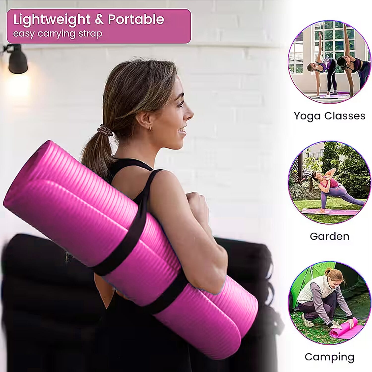 Soul Smart NBR Yoga Mat Non Slip Exercise - Pilates Mat with Carrying Strap (Size 188x61 cm) - Pink