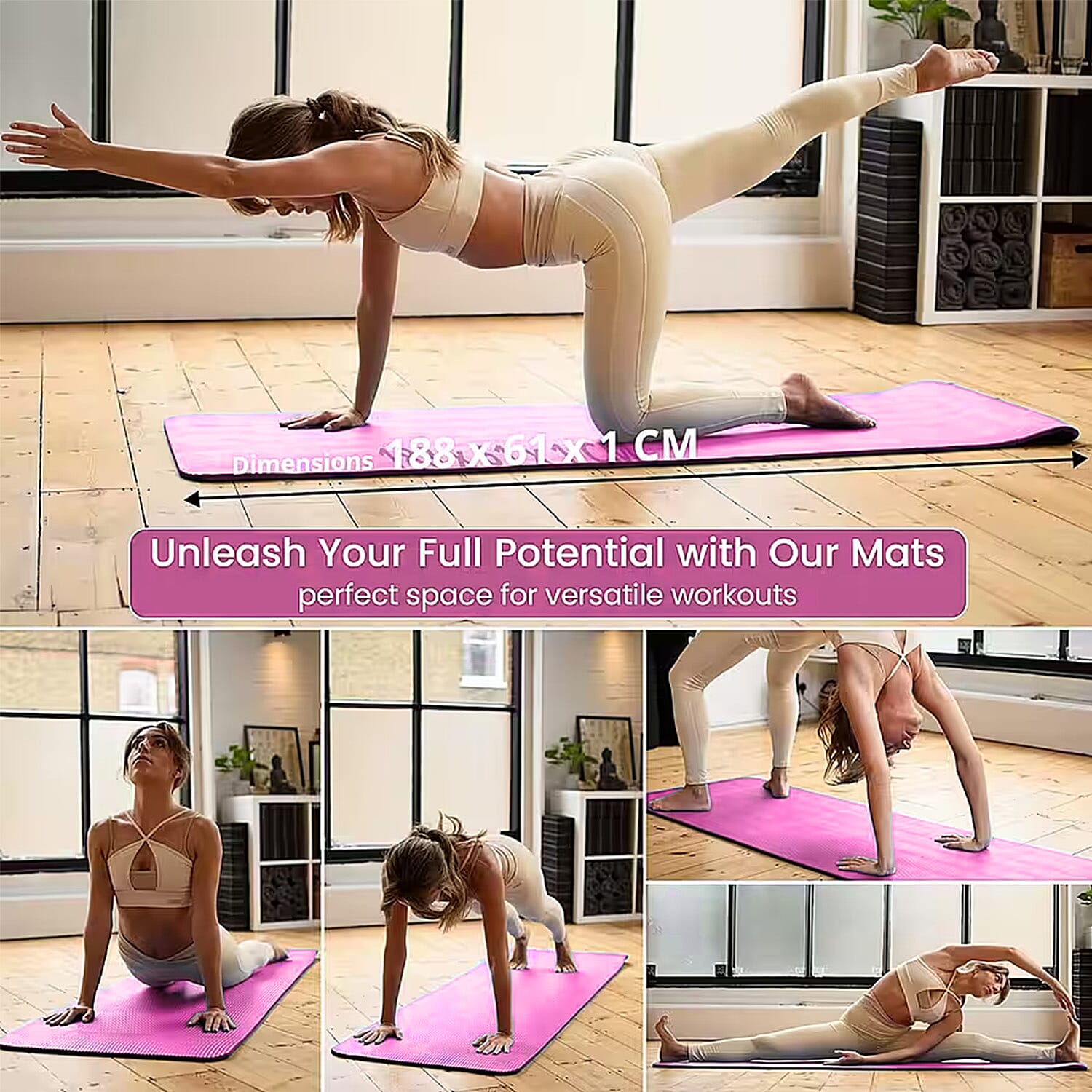 Soul Smart NBR Yoga Mat Non Slip Exercise - Pilates Mat with Carrying Strap (Size 188x61 cm) - Pink