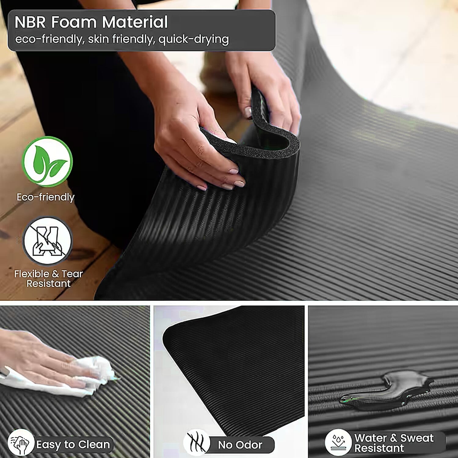 Soul Smart NBR Yoga Mat Non Slip Exercise - Pilates Mat with Carrying Strap (Size 188x61 cm) - Black