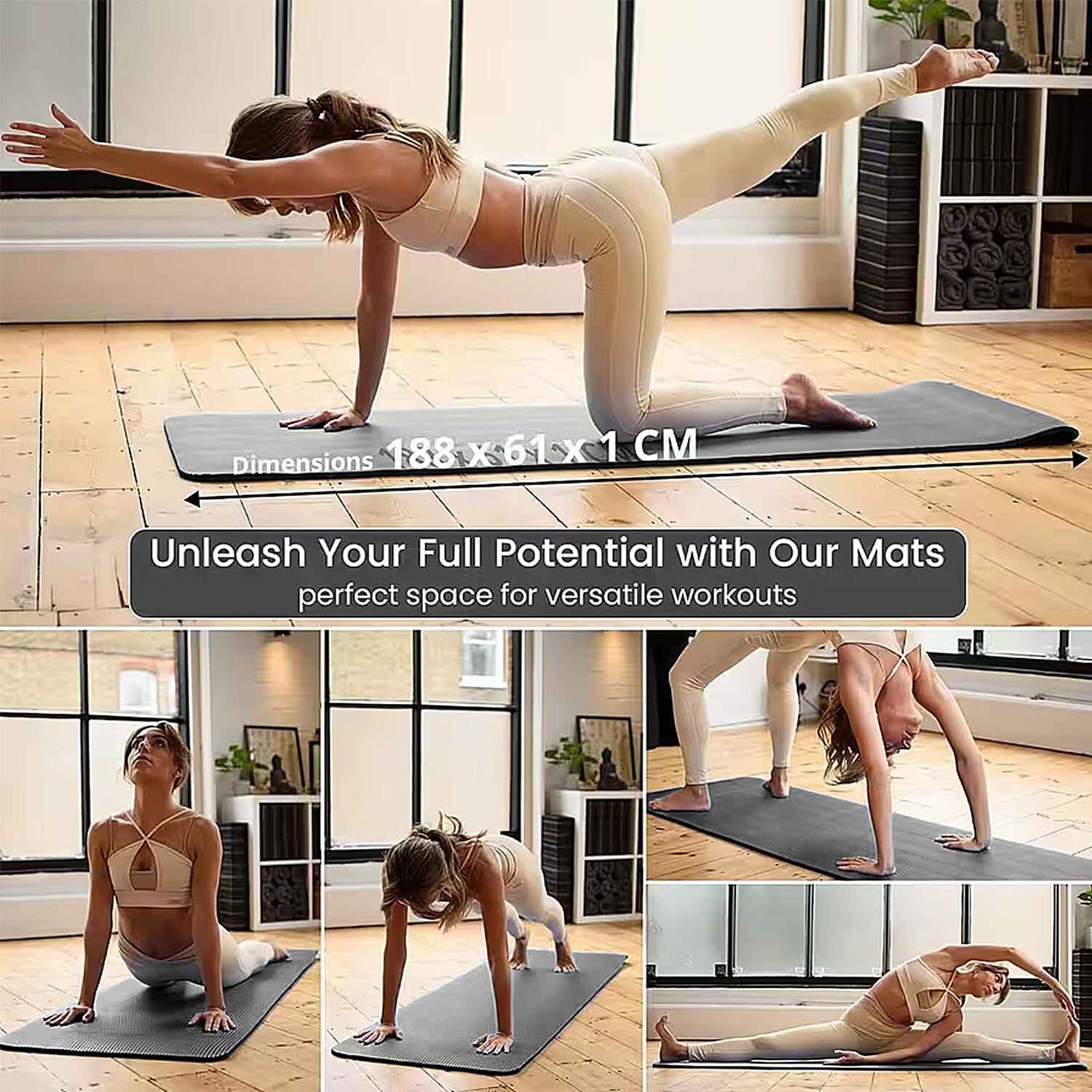 Soul Smart NBR Yoga Mat Non Slip Exercise - Pilates Mat with Carrying Strap (Size 188x61 cm) - Black