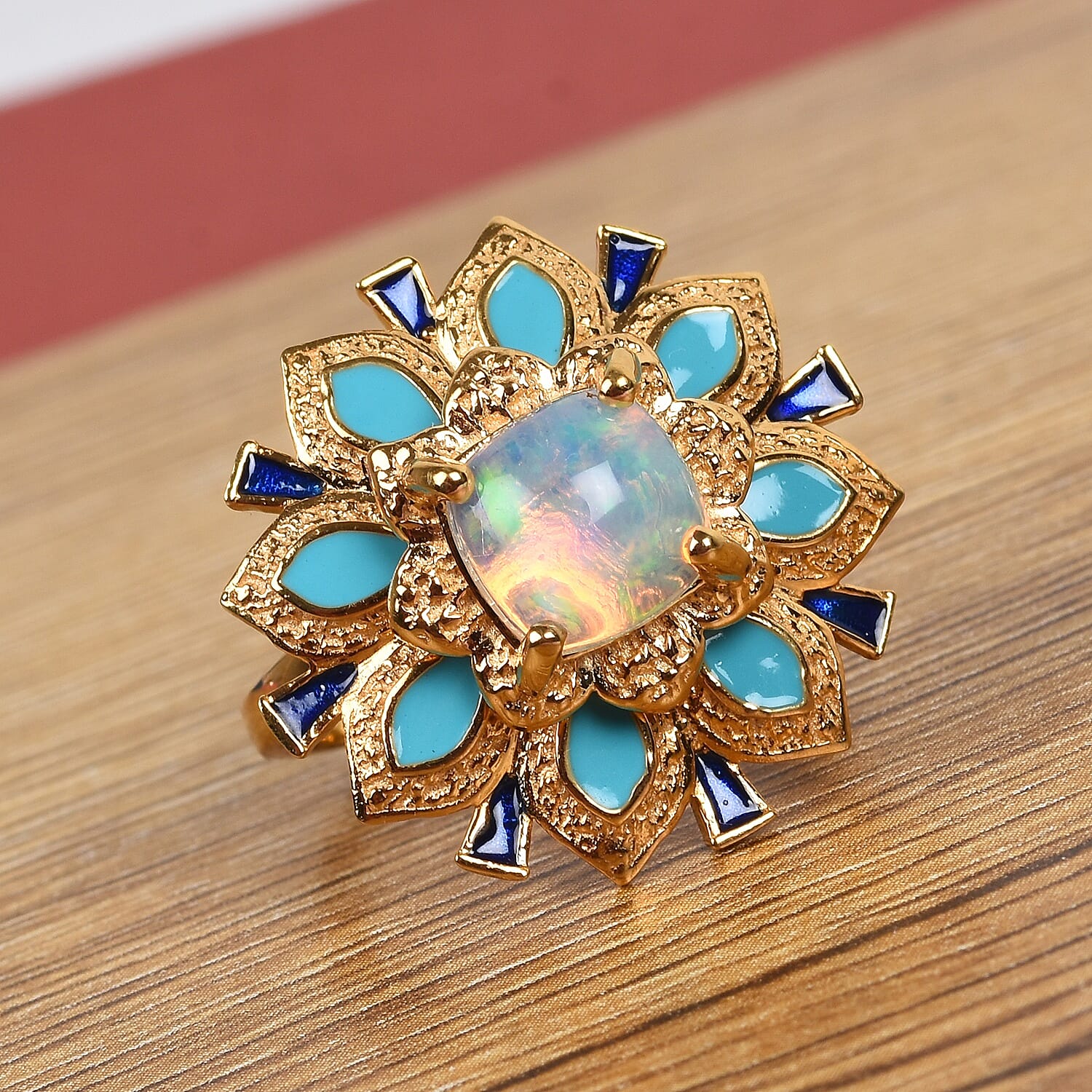 GP AA Ethiopian Welo Opal and Blue Sapphire Enamelled Ring in 14K Gold Overlay Sterling Silver 1.35 Ct.