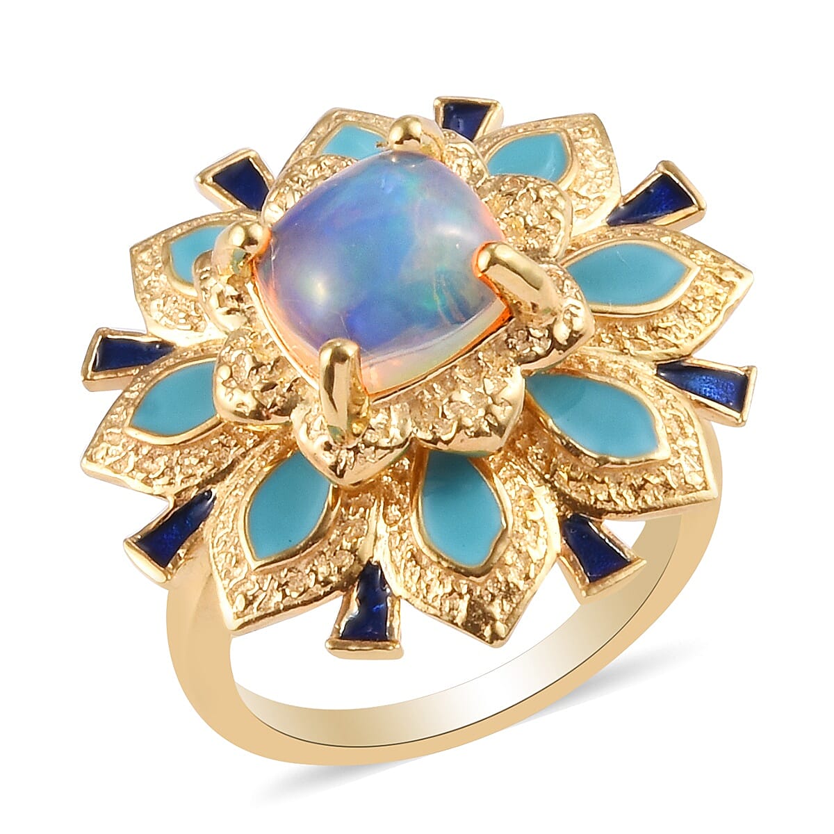 GP AA Ethiopian Welo Opal and Blue Sapphire Enamelled Ring in 14K Gold Overlay Sterling Silver 1.35 Ct.