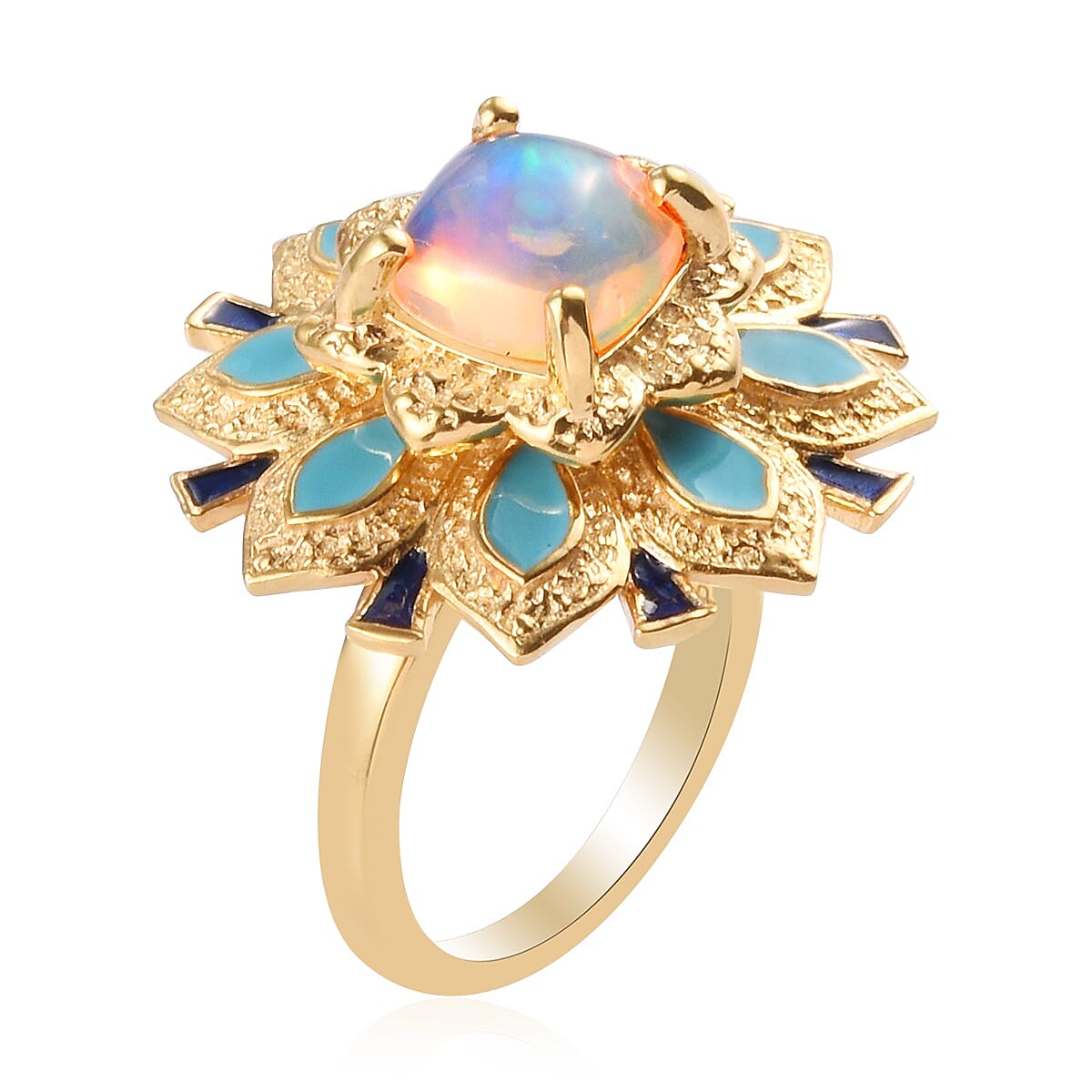 GP AA Ethiopian Welo Opal and Blue Sapphire Enamelled Ring in 14K Gold Overlay Sterling Silver 1.35 Ct.