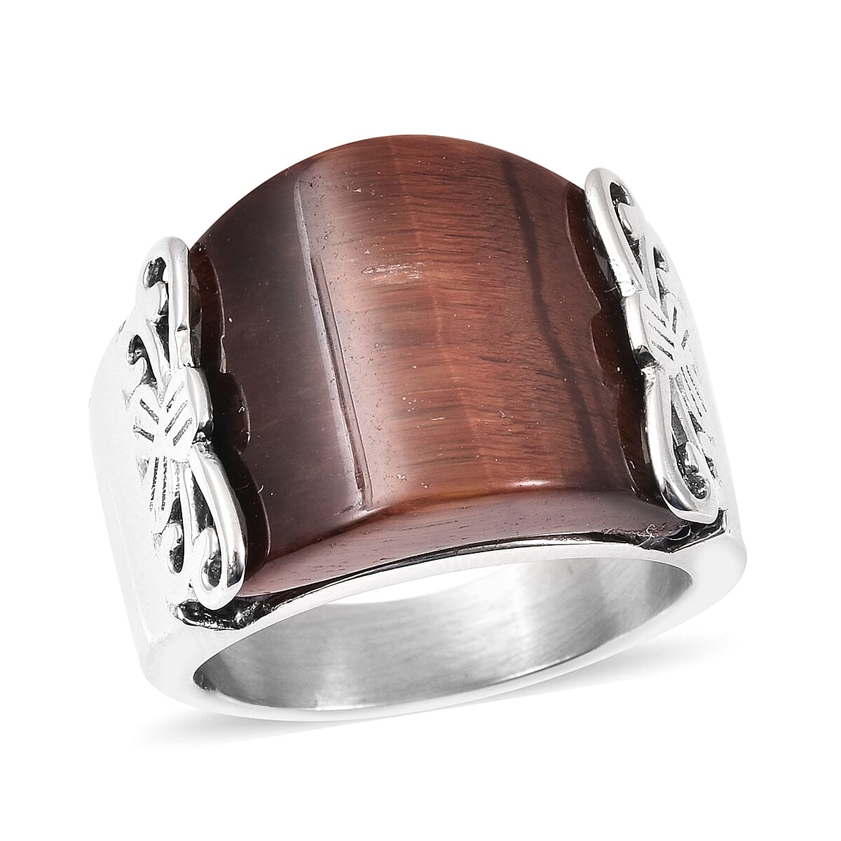 Red Tiger Eye Band Ring in Stainless Steel 25.00 Ct