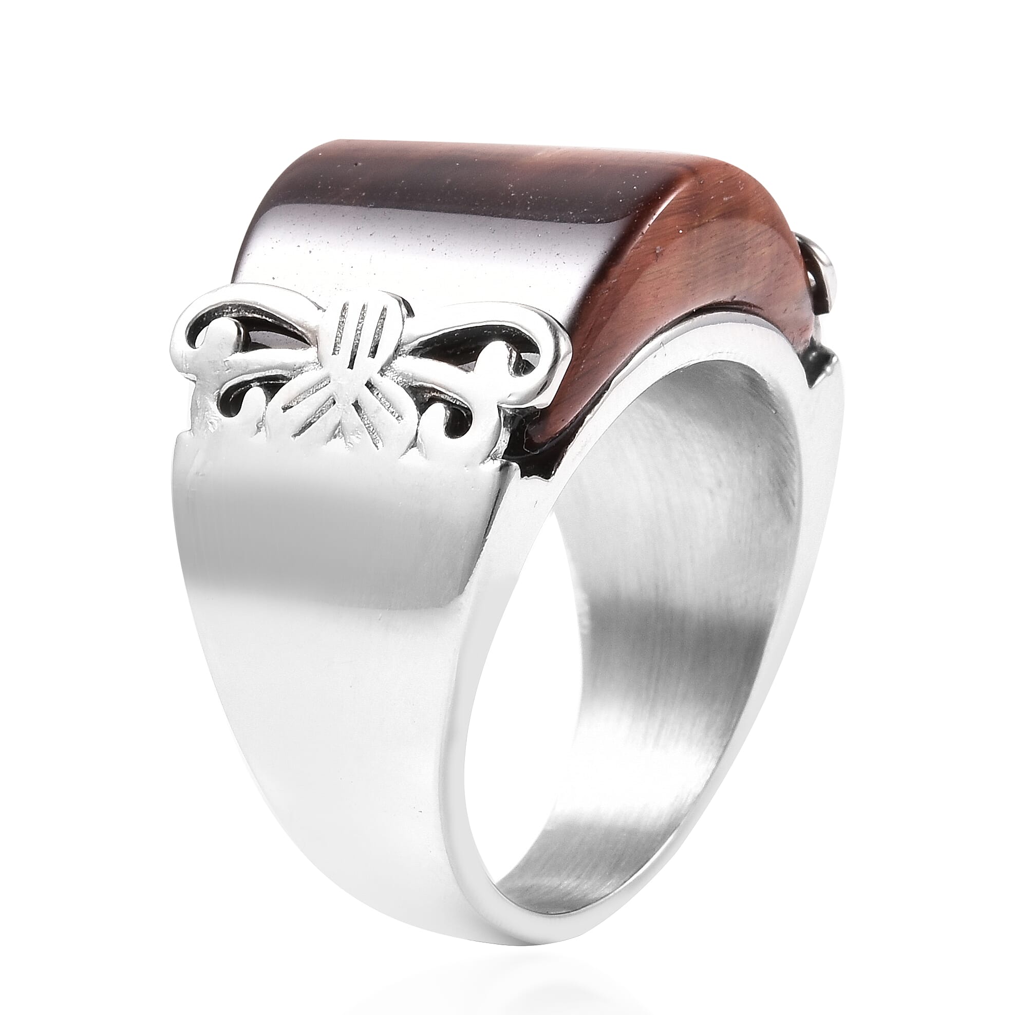 Red Tiger Eye Band Ring in Stainless Steel 25.00 Ct