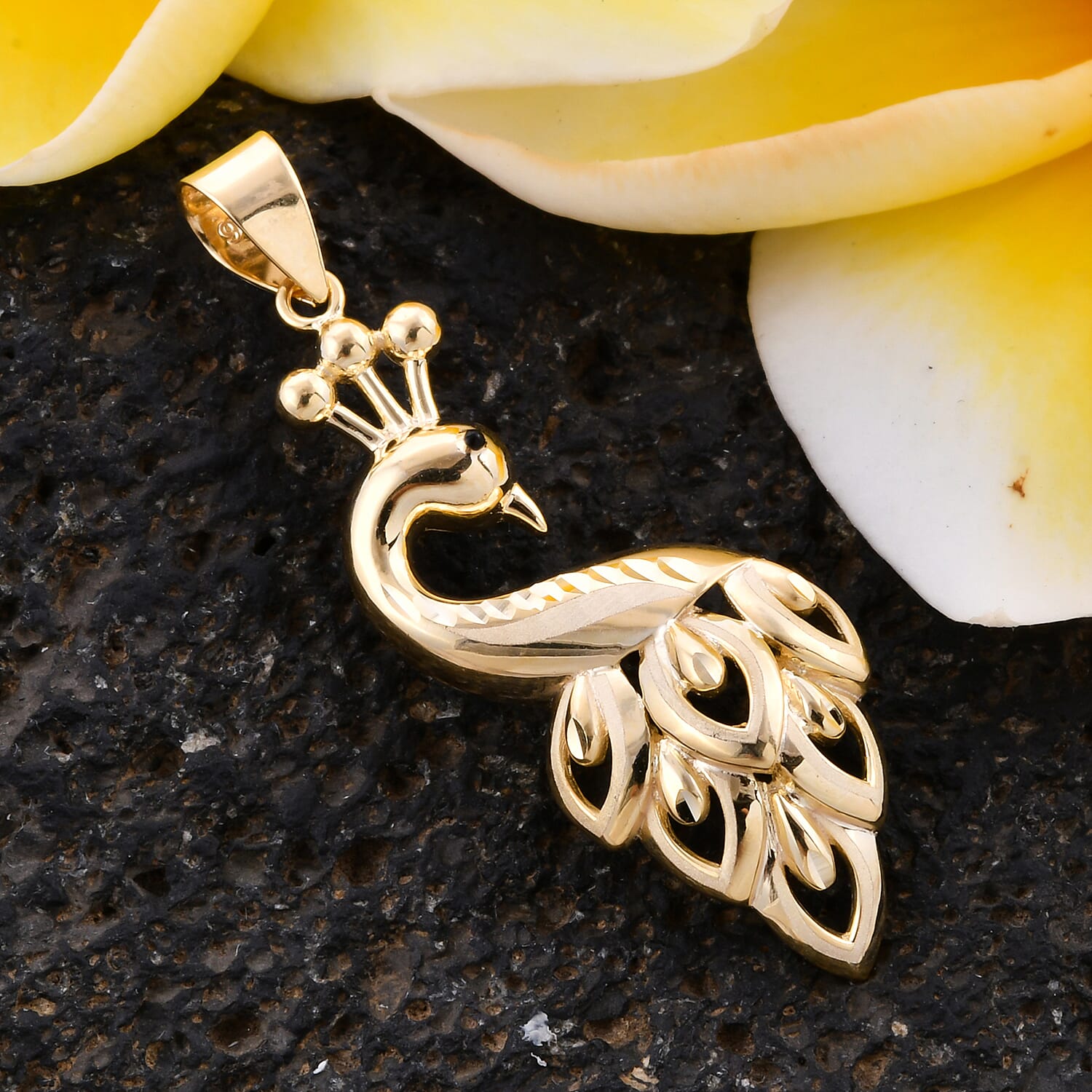 Royal Bali Collection- 9K Yellow Gold Enamelled Peacock Pendant