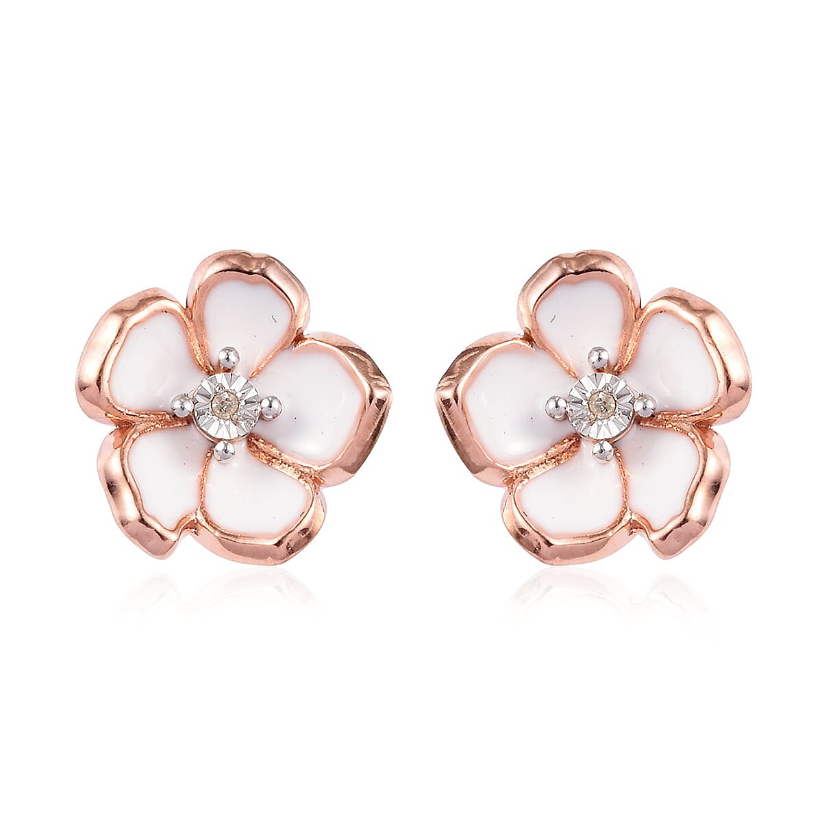 Designer inspired - Diamond (Rnd) Floral Enamelled Earrings (with Push Back) in Rose Gold Overlay Sterling Silver