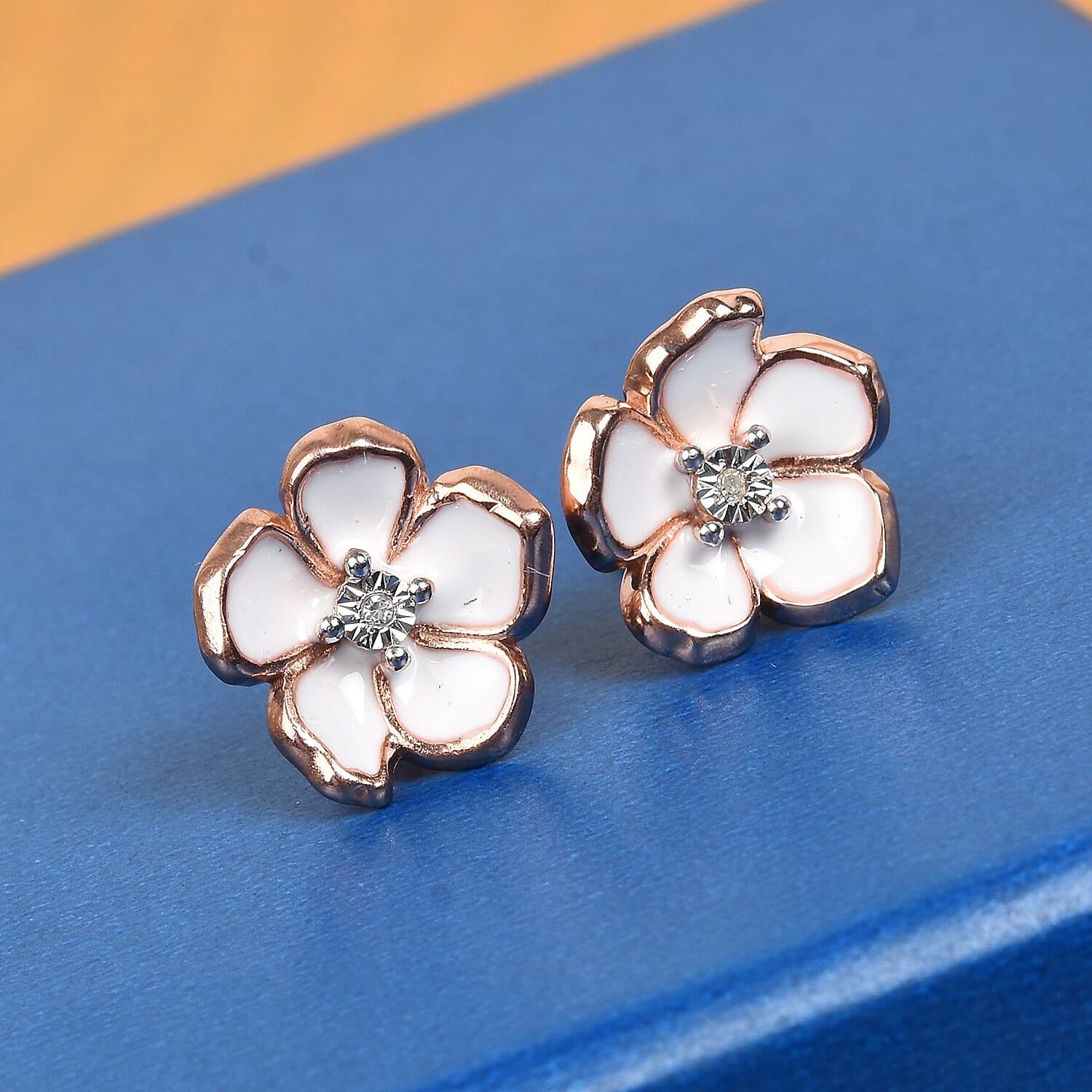 Designer inspired - Diamond (Rnd) Floral Enamelled Earrings (with Push Back) in Rose Gold Overlay Sterling Silver