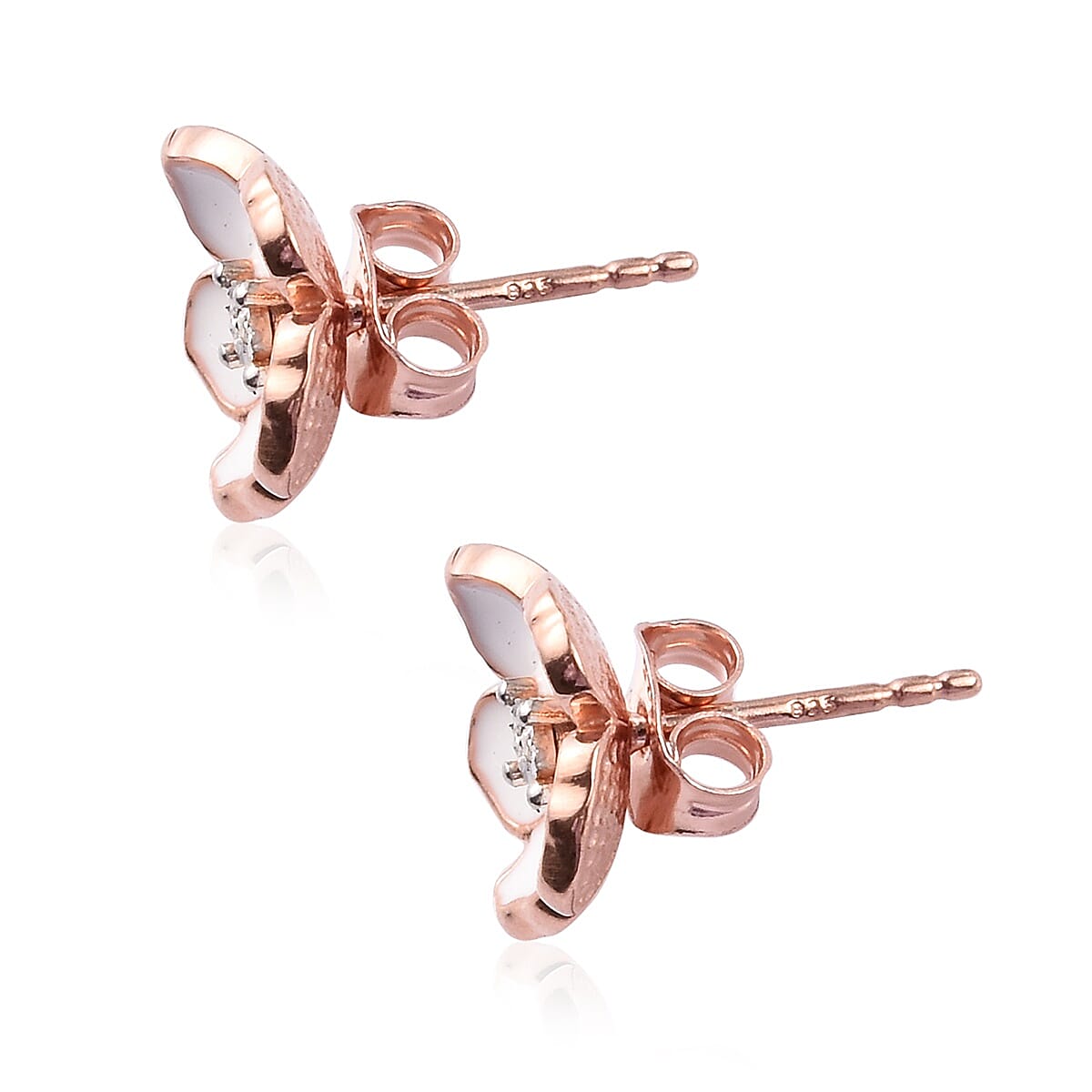 Designer inspired - Diamond (Rnd) Floral Enamelled Earrings (with Push Back) in Rose Gold Overlay Sterling Silver