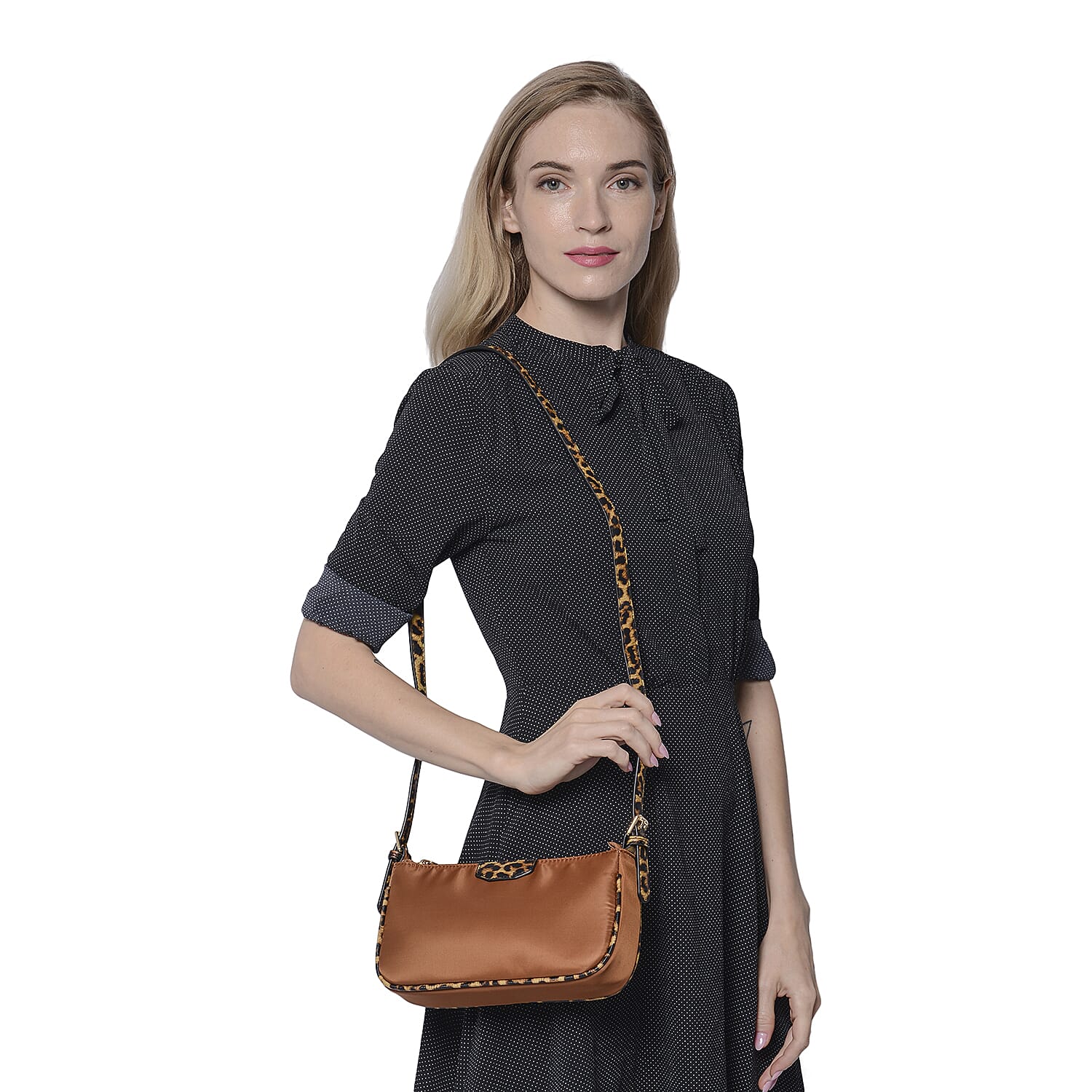 Designer Inspired - Camel Bag with Leopard Pattern Shoulder Strap
