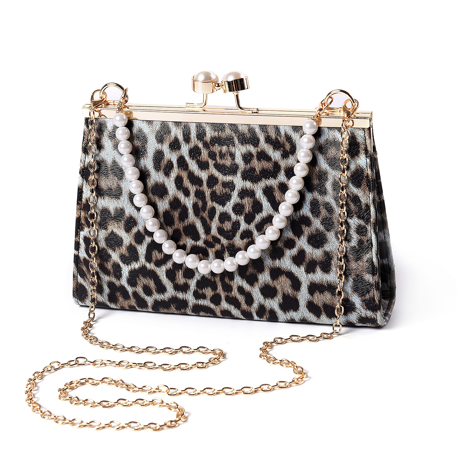 Light Blue Leopard Pattern Clutch Closure Crossbody Bag with Dangling Pearl Chain and Metallic Shoulder Strap in Gold Tone
