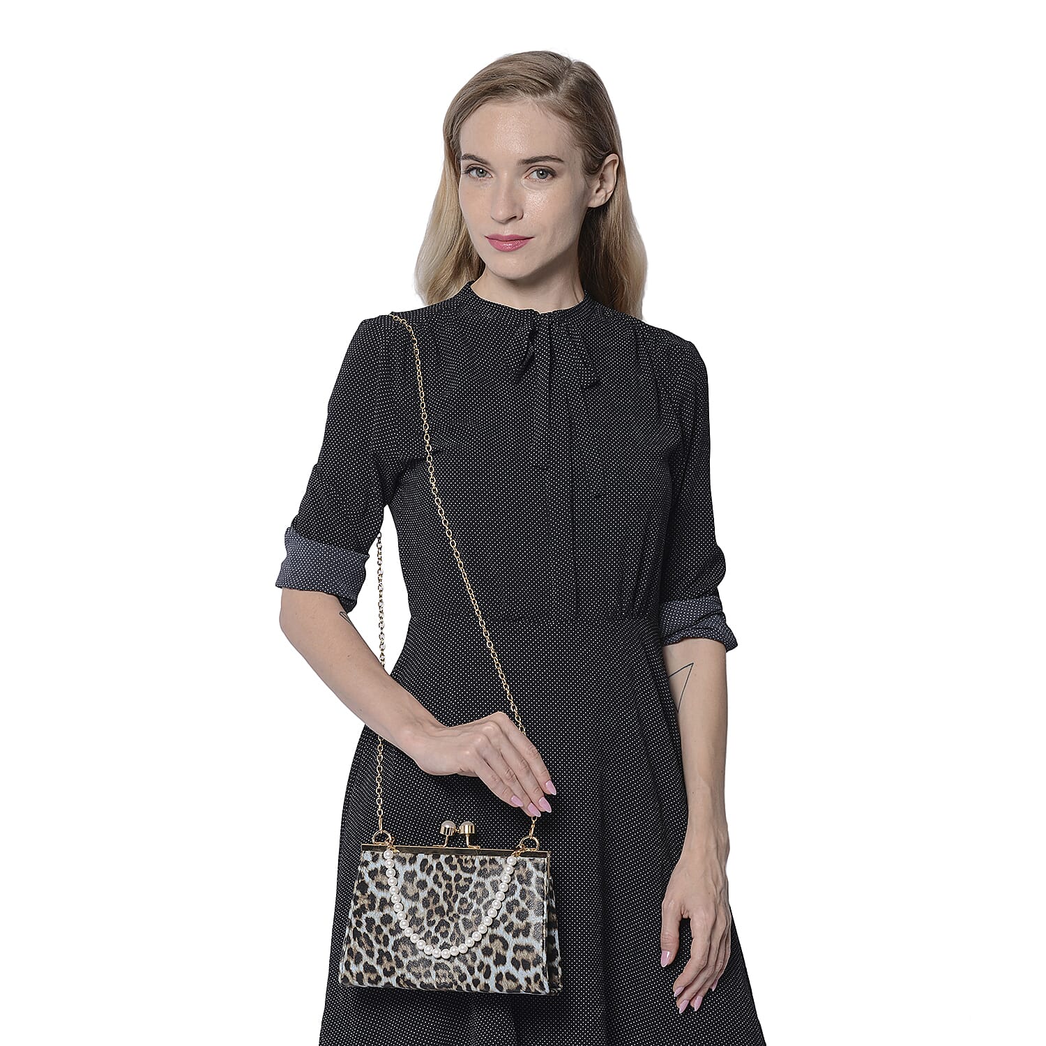 Light Blue Leopard Pattern Clutch Closure Crossbody Bag with Dangling Pearl Chain and Metallic Shoulder Strap in Gold Tone