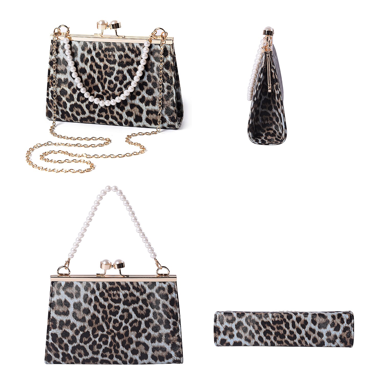Light Blue Leopard Pattern Clutch Closure Crossbody Bag with Dangling Pearl Chain and Metallic Shoulder Strap in Gold Tone