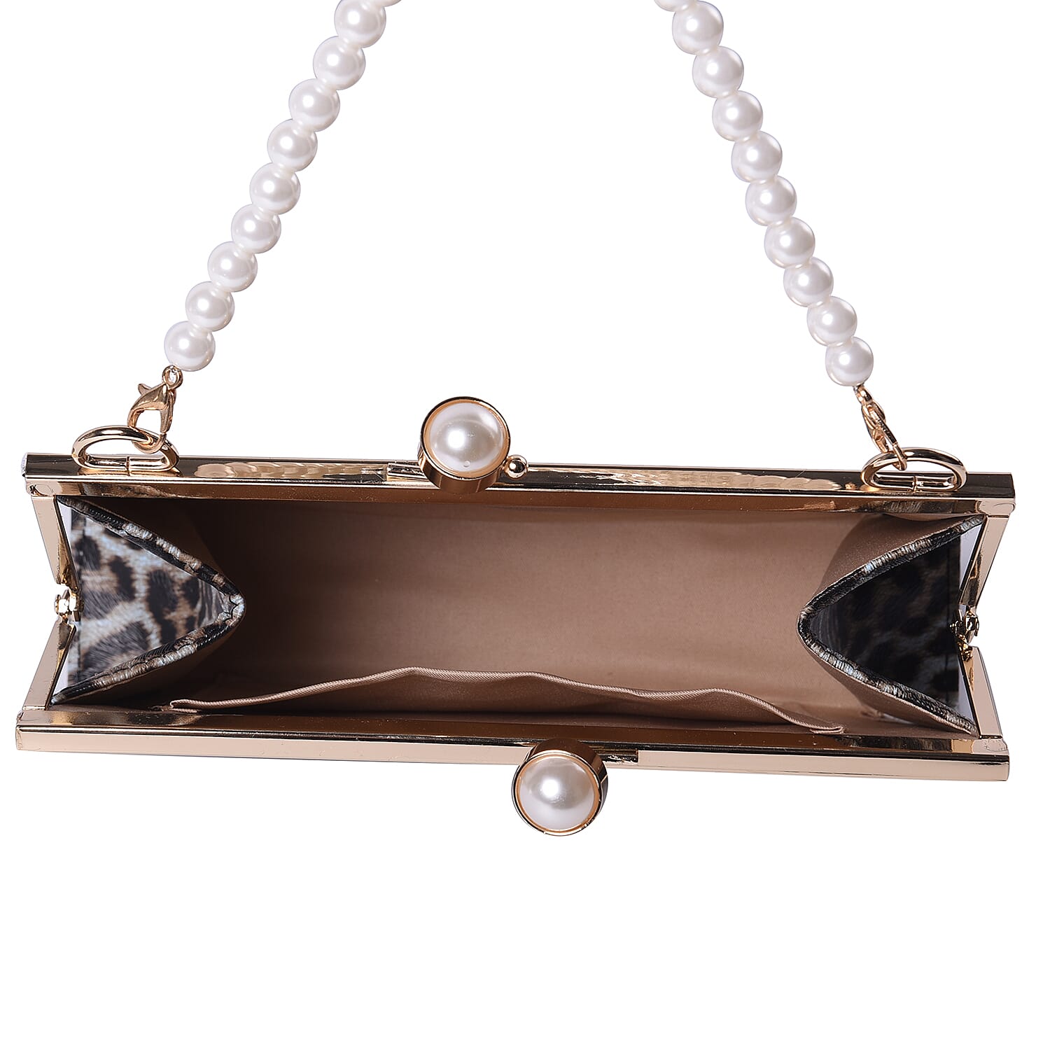 Light Blue Leopard Pattern Clutch Closure Crossbody Bag with Dangling Pearl Chain and Metallic Shoulder Strap in Gold Tone