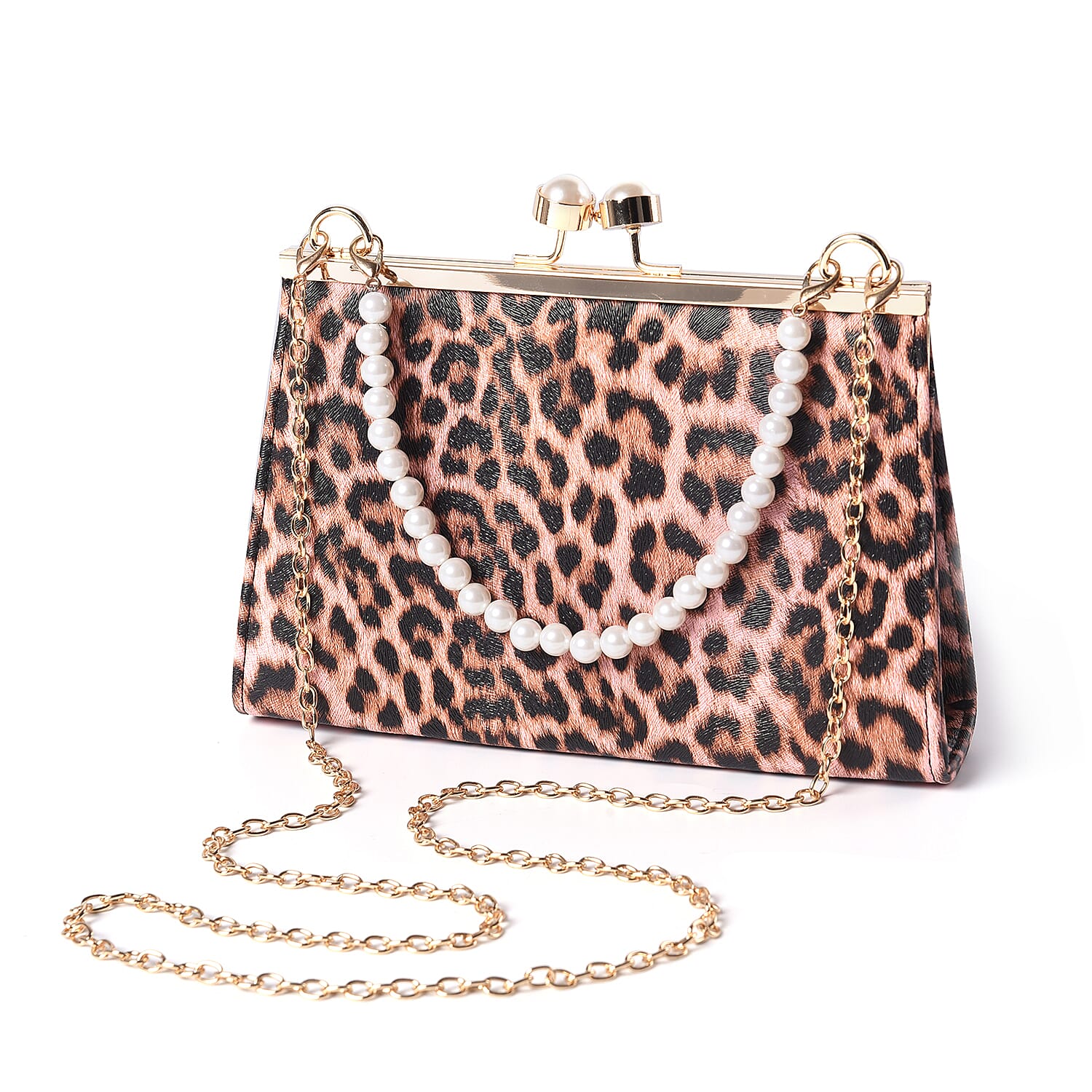 Pink Leopard Pattern Clutch Closure Crossbody Bag with Dangling Pearl Chain and Metallic Shoulder Strap in Gold Tone