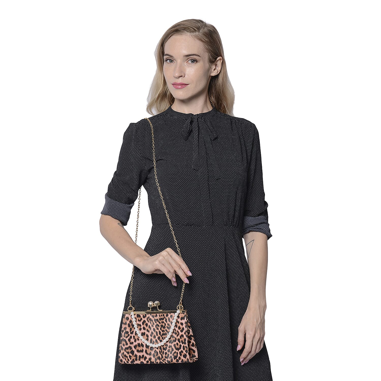 Pink Leopard Pattern Clutch Closure Crossbody Bag with Dangling Pearl Chain and Metallic Shoulder Strap in Gold Tone