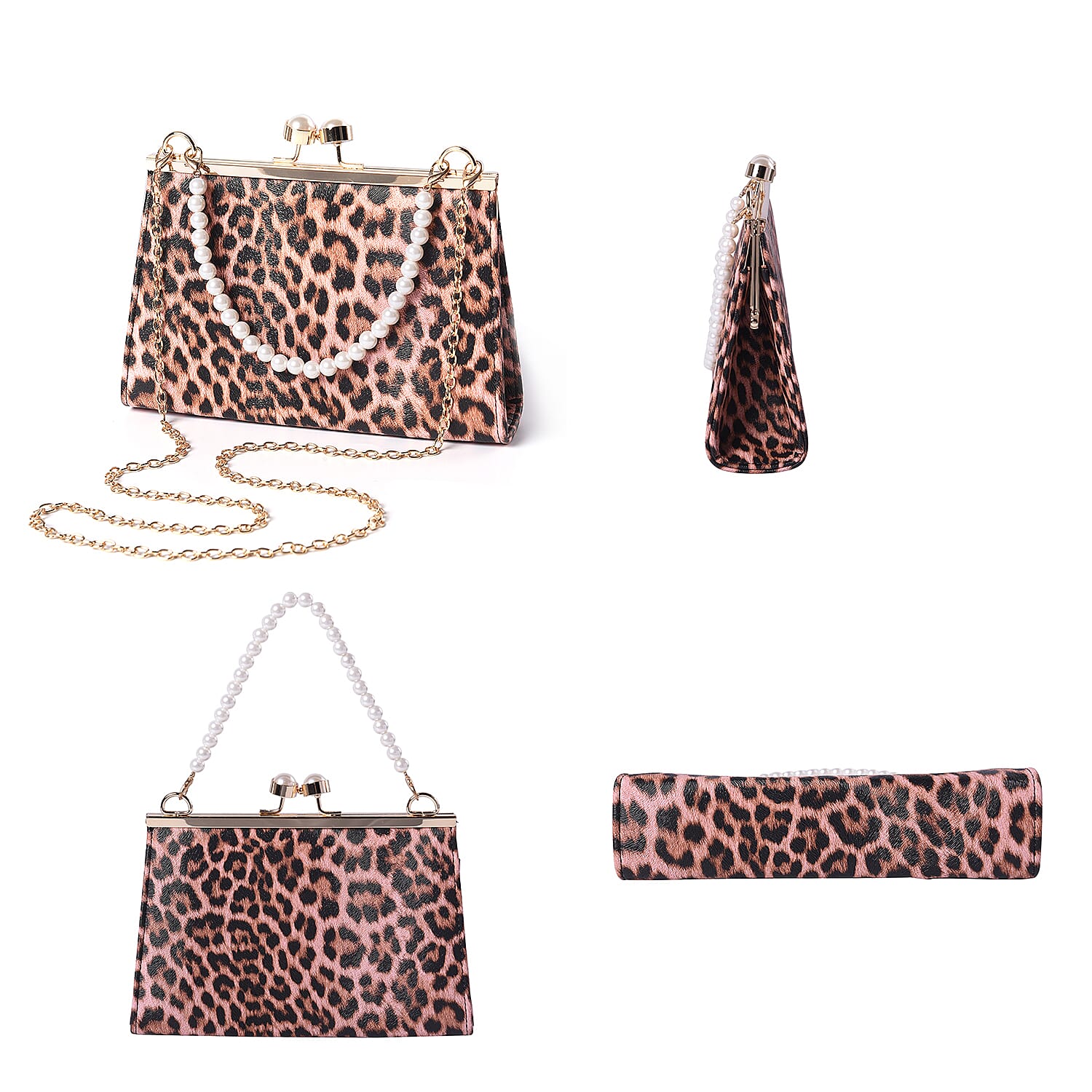 Pink Leopard Pattern Clutch Closure Crossbody Bag with Dangling Pearl Chain and Metallic Shoulder Strap in Gold Tone