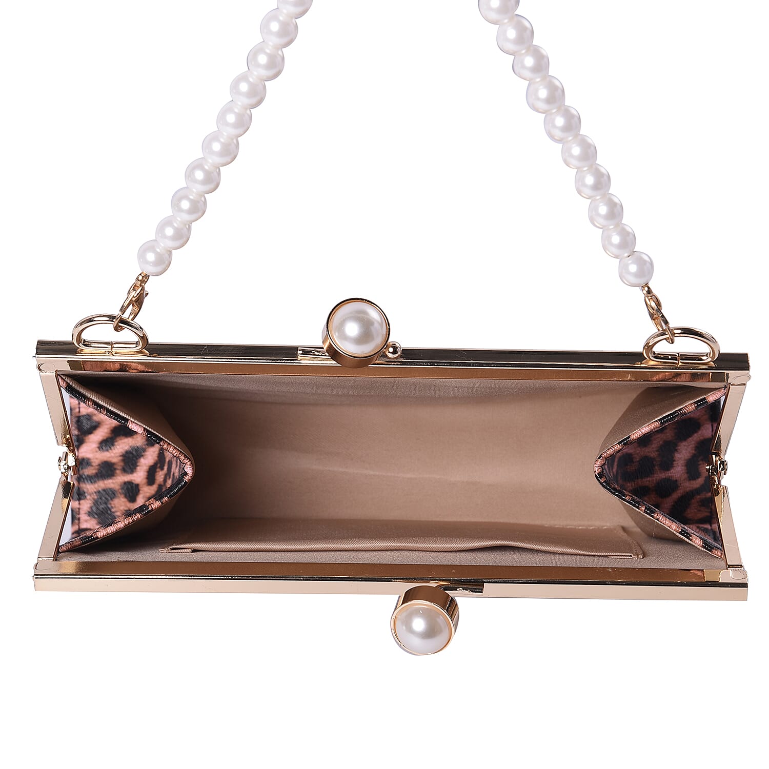 Pink Leopard Pattern Clutch Closure Crossbody Bag with Dangling Pearl Chain and Metallic Shoulder Strap in Gold Tone