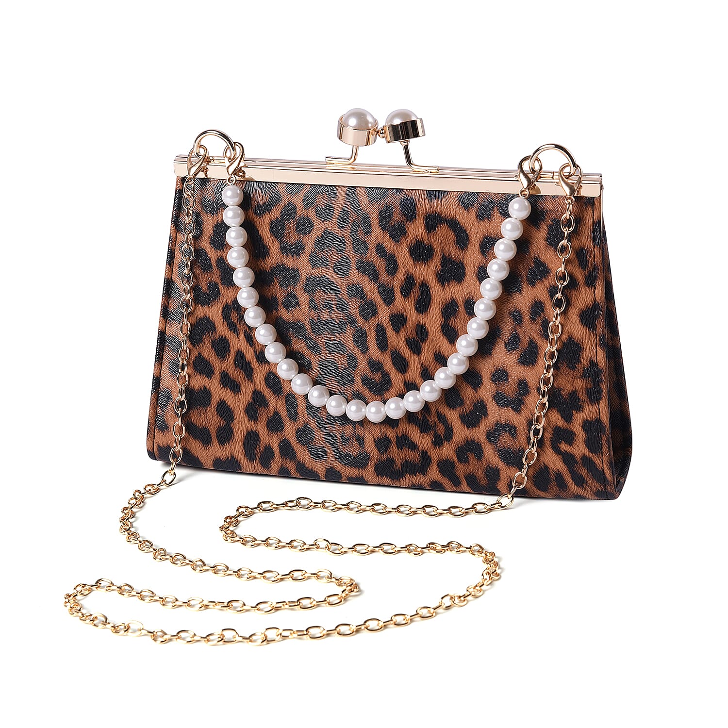 Brown Leopard Clutch Closure Crossbody Bag with Dangling Pearl Chain and Metallic Shoulder Strap in Gold Tone