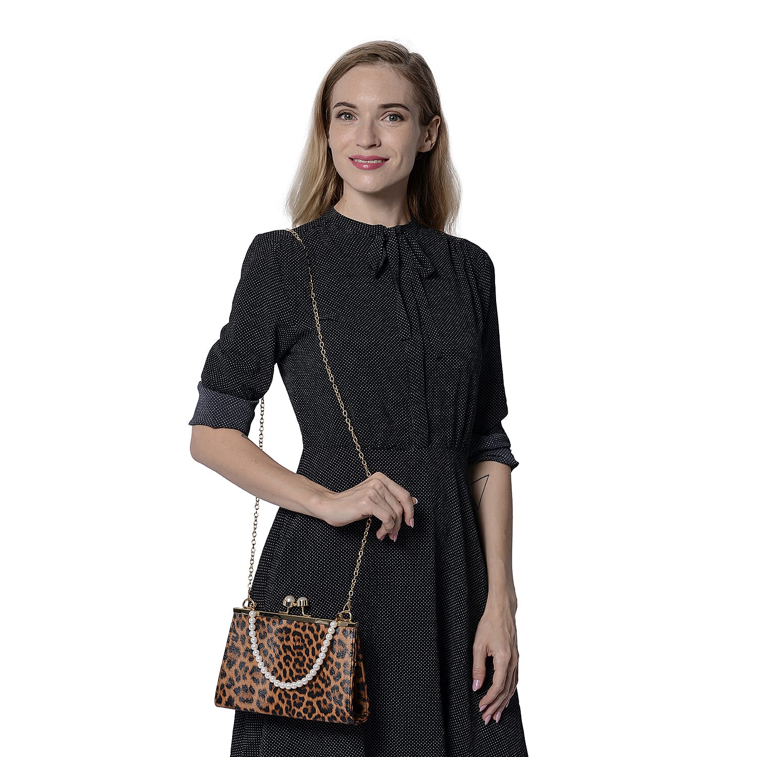 Brown Leopard Clutch Closure Crossbody Bag with Dangling Pearl Chain and Metallic Shoulder Strap in Gold Tone