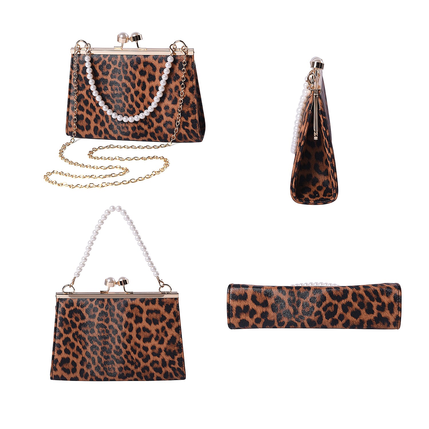 Brown Leopard Clutch Closure Crossbody Bag with Dangling Pearl Chain and Metallic Shoulder Strap in Gold Tone