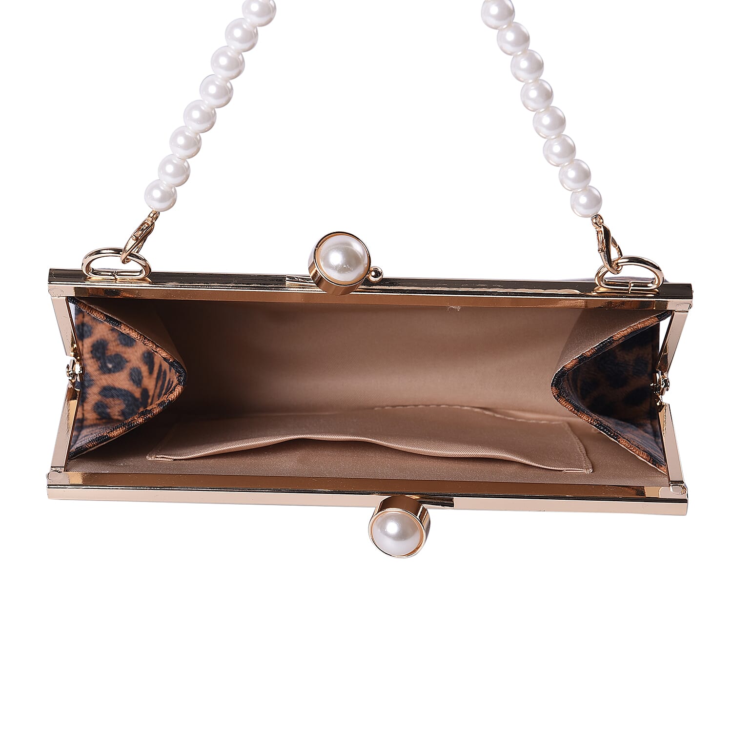Brown Leopard Clutch Closure Crossbody Bag with Dangling Pearl Chain and Metallic Shoulder Strap in Gold Tone