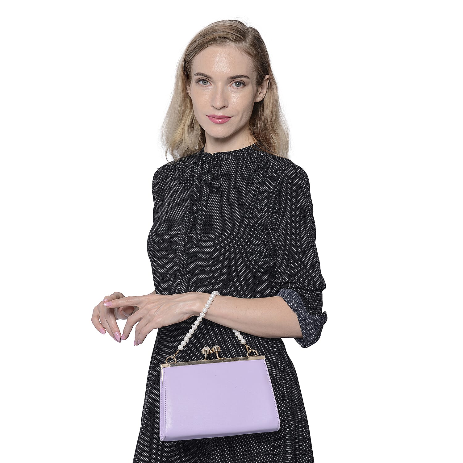 Light Purple Clutch Closure Crossbody Bag with Dangling Pearl Chain and Metallic Shoulder Strap in Gold Tone