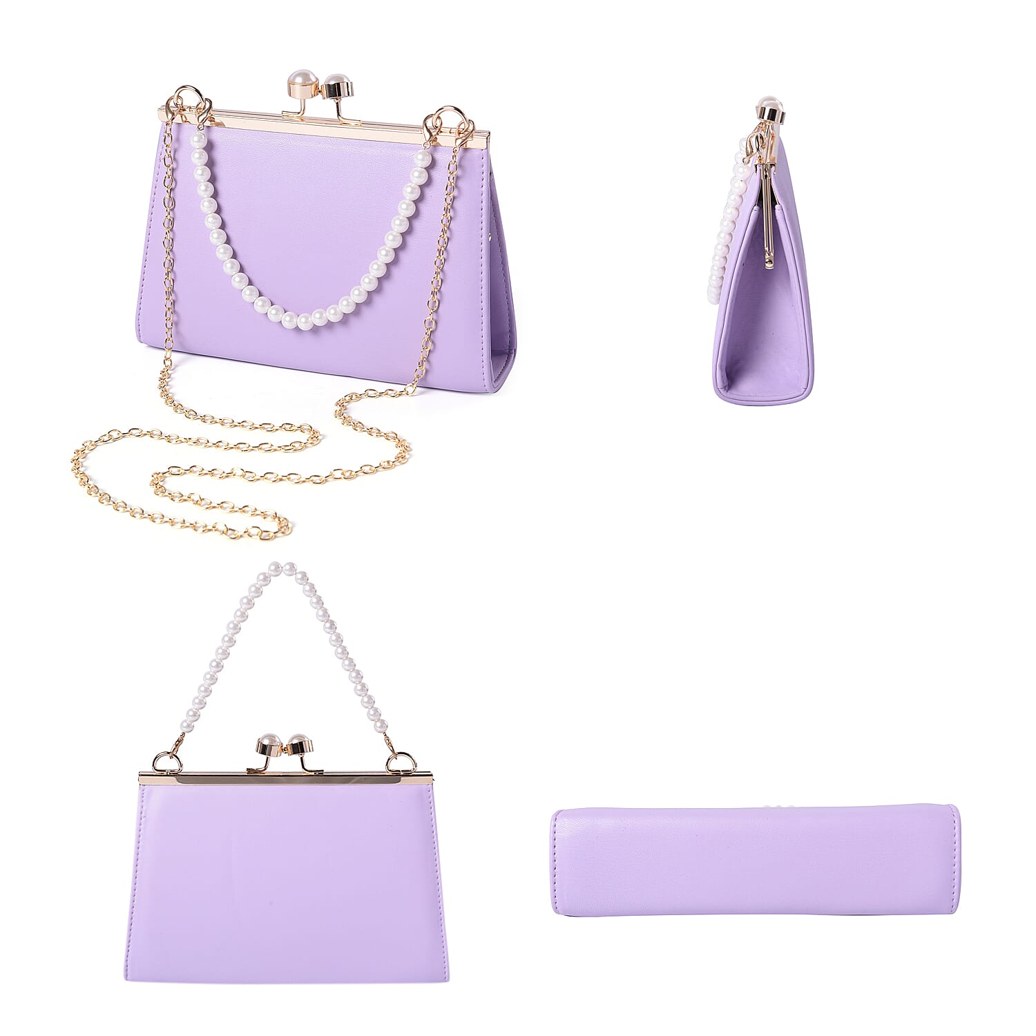 Light Purple Clutch Closure Crossbody Bag with Dangling Pearl Chain and Metallic Shoulder Strap in Gold Tone