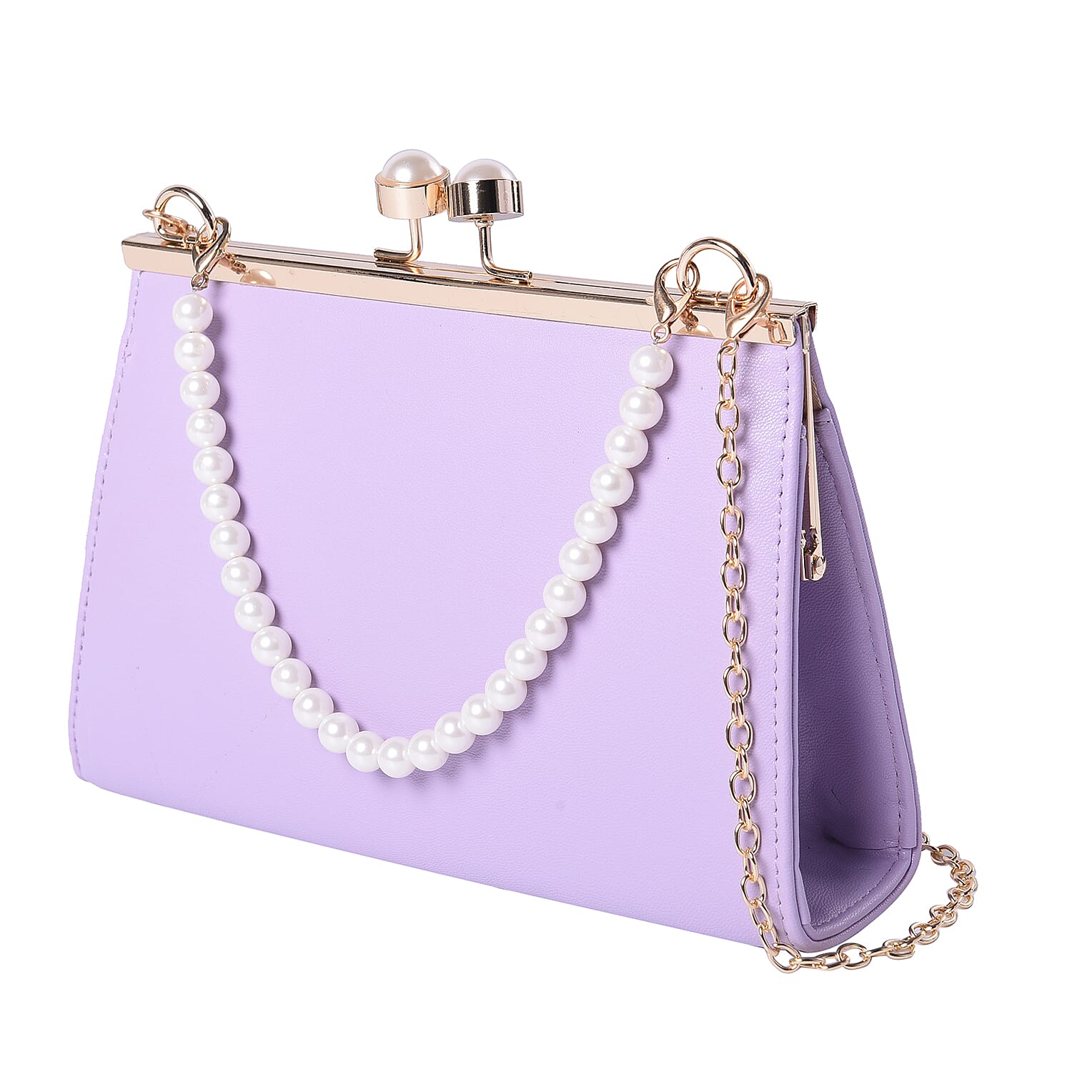 Light Purple Clutch Closure Crossbody Bag with Dangling Pearl Chain and Metallic Shoulder Strap in Gold Tone