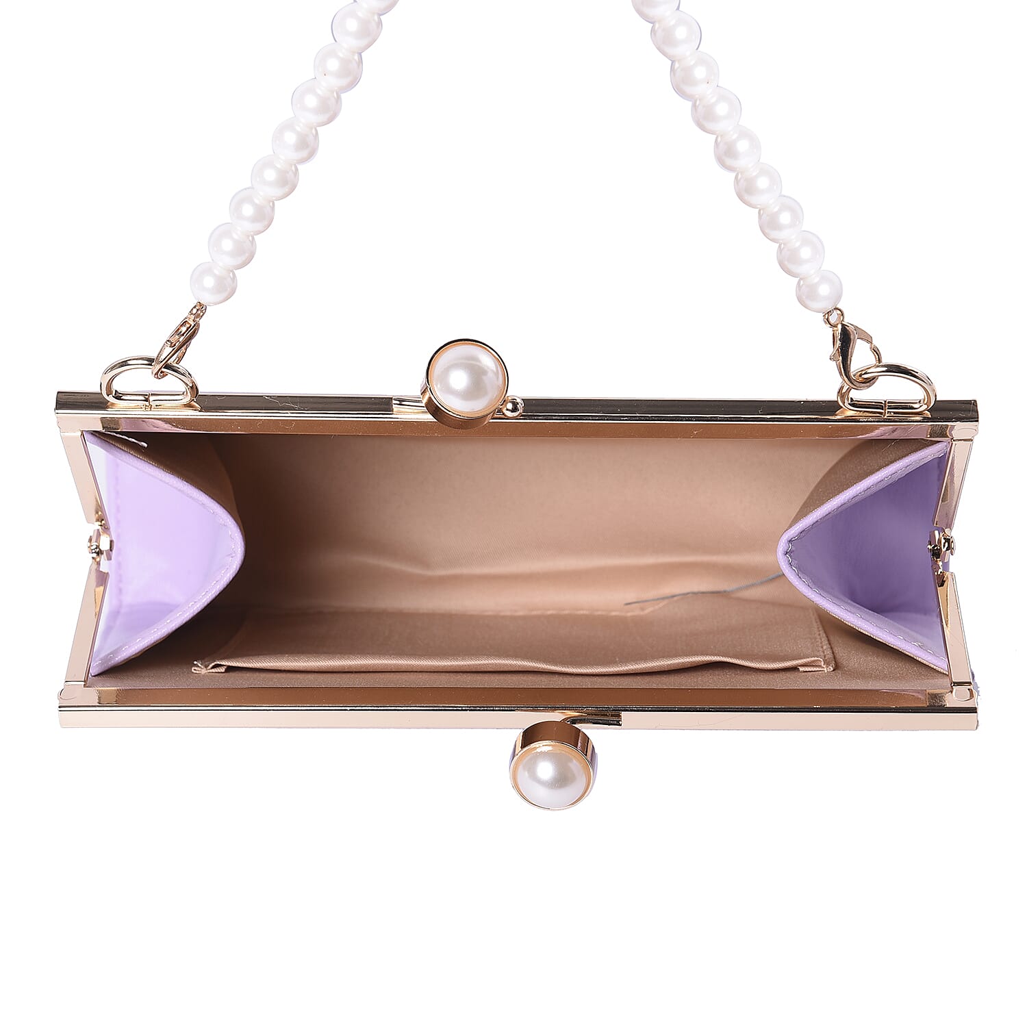 Light Purple Clutch Closure Crossbody Bag with Dangling Pearl Chain and Metallic Shoulder Strap in Gold Tone