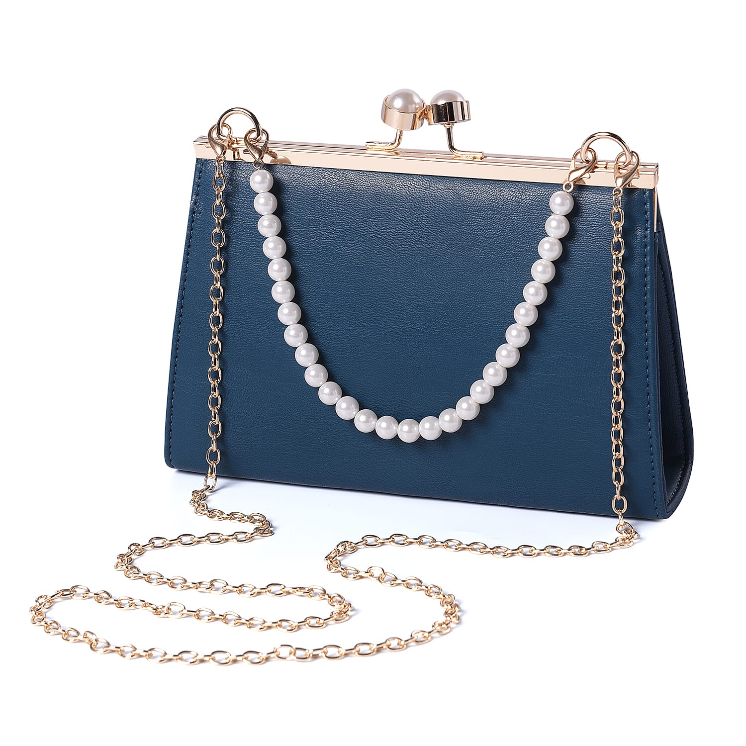 Teal Clutch Closure Crossbody Bag with Dangling Pearl Chain and Metallic Shoulder Strap in Gold Tone