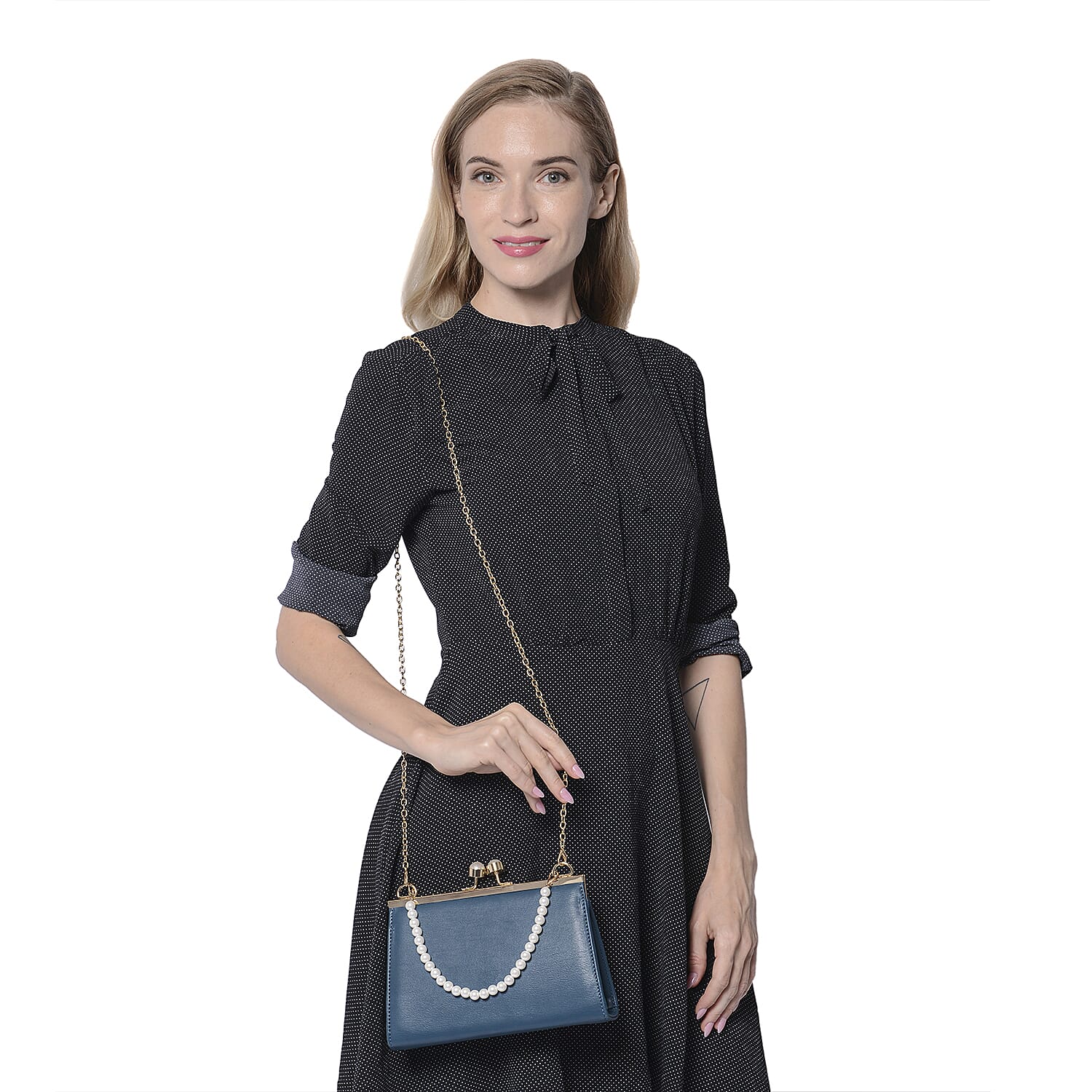 Teal Clutch Closure Crossbody Bag with Dangling Pearl Chain and Metallic Shoulder Strap in Gold Tone