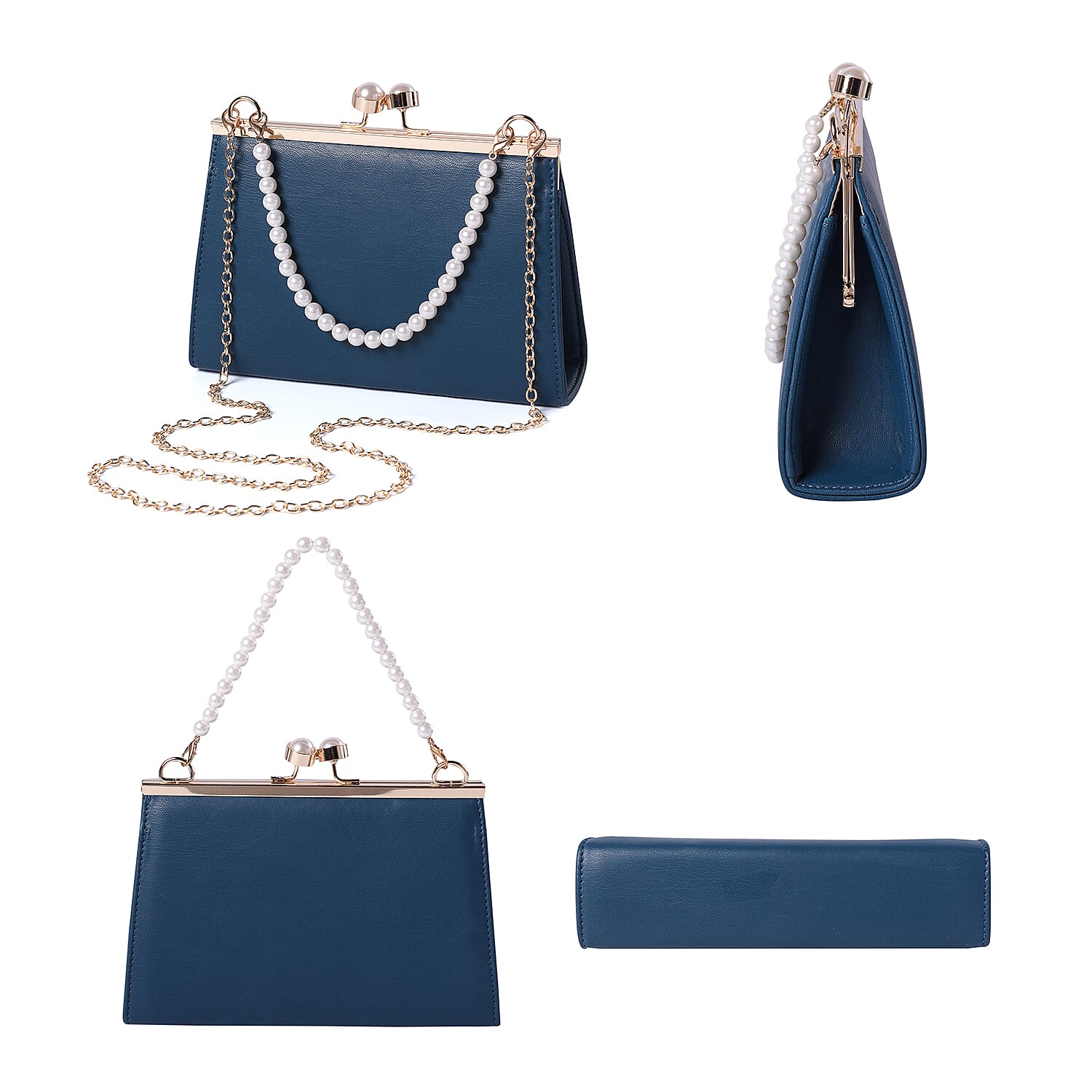 Teal Clutch Closure Crossbody Bag with Dangling Pearl Chain and Metallic Shoulder Strap in Gold Tone