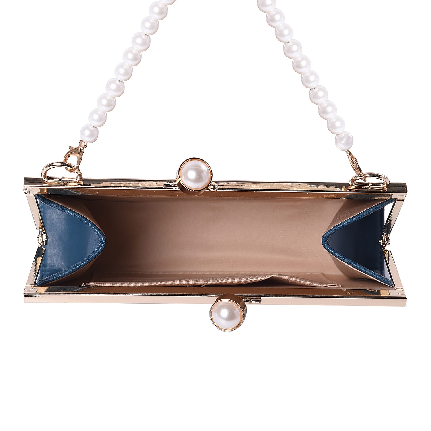 Teal Clutch Closure Crossbody Bag with Dangling Pearl Chain and Metallic Shoulder Strap in Gold Tone
