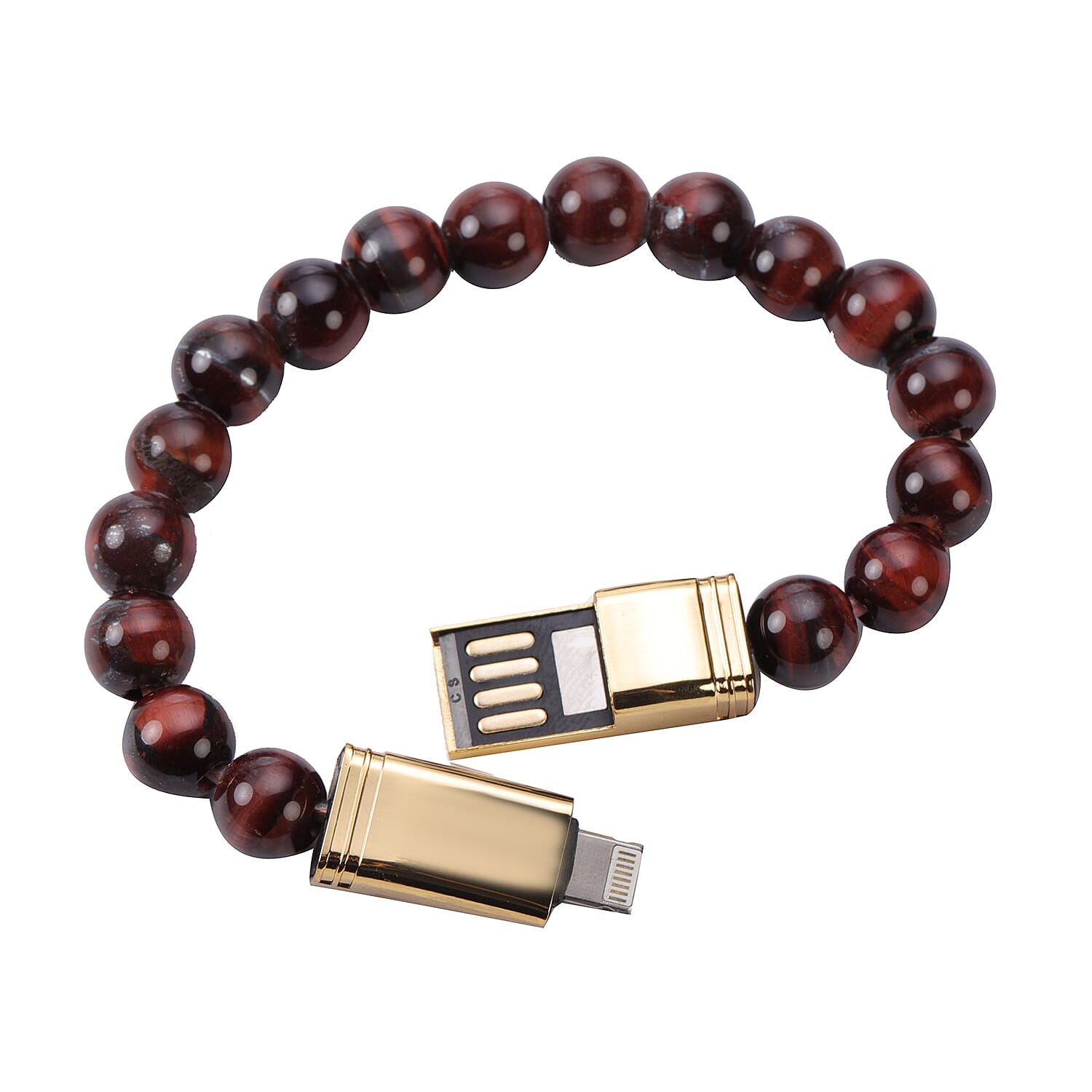Red Tiger Eye Beads Bracelet (Size 7.75) with Micro USB Cable in Rose Gold Tone 75.00 Ct.