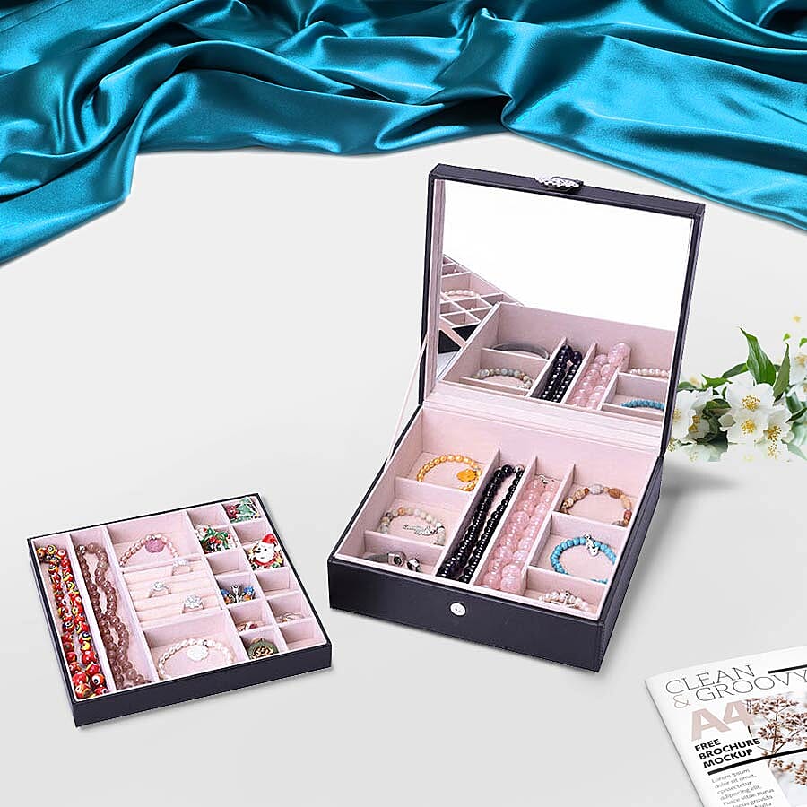 Two-Layer Black Jewellery Box with Multiple Compartments and Mirror (Size 26x26x9cm)
