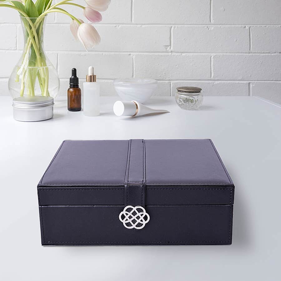Two-Layer Black Jewellery Box with Multiple Compartments and Mirror (Size 26x26x9cm)