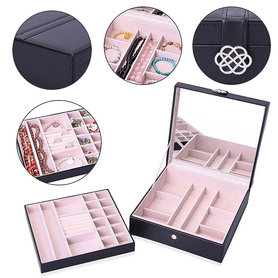 Two-Layer Black Jewellery Box with Multiple Compartments and Mirror (Size 26x26x9cm)