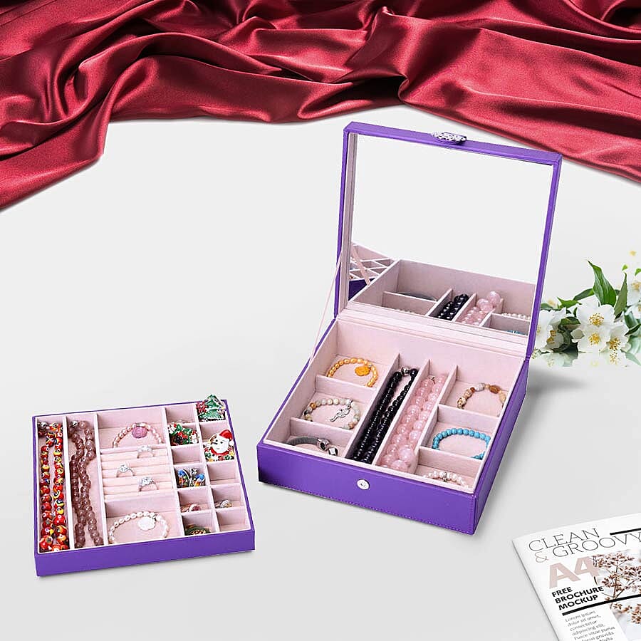 Two-Layer Purple Jewellery Box with Multiple Compartments and Mirror (Size 26x26x9cm)