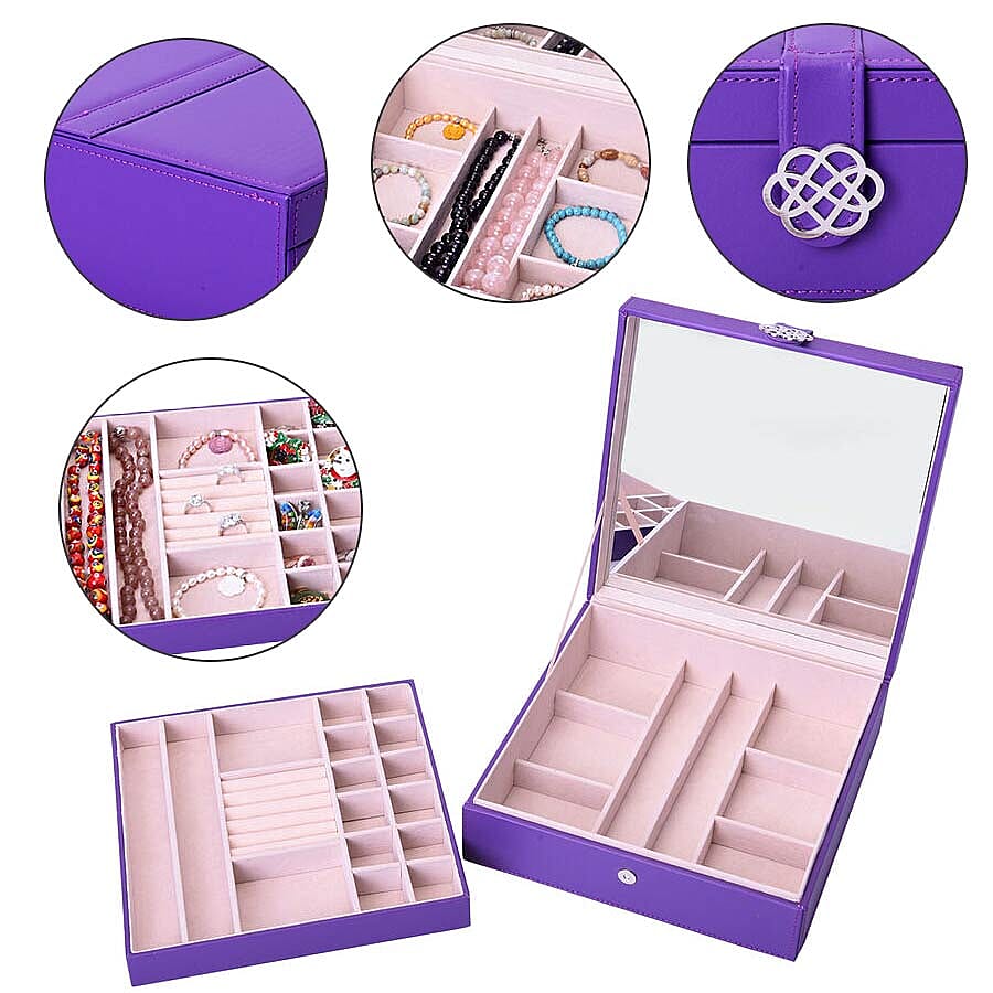 Two-Layer Purple Jewellery Box with Multiple Compartments and Mirror (Size 26x26x9cm)