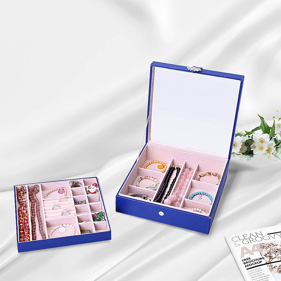 Two-Layer Navy Jewellery Box with Multiple Compartments and Mirror (Size 26x26x9cm)