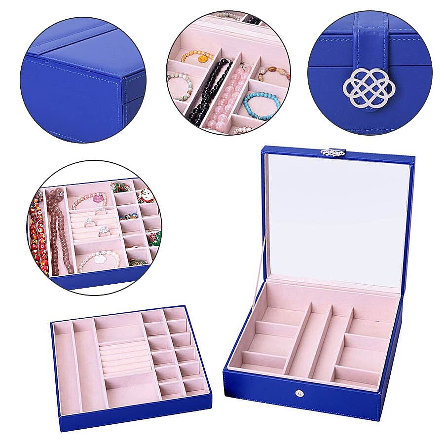 Two-Layer Navy Jewellery Box with Multiple Compartments and Mirror (Size 26x26x9cm)