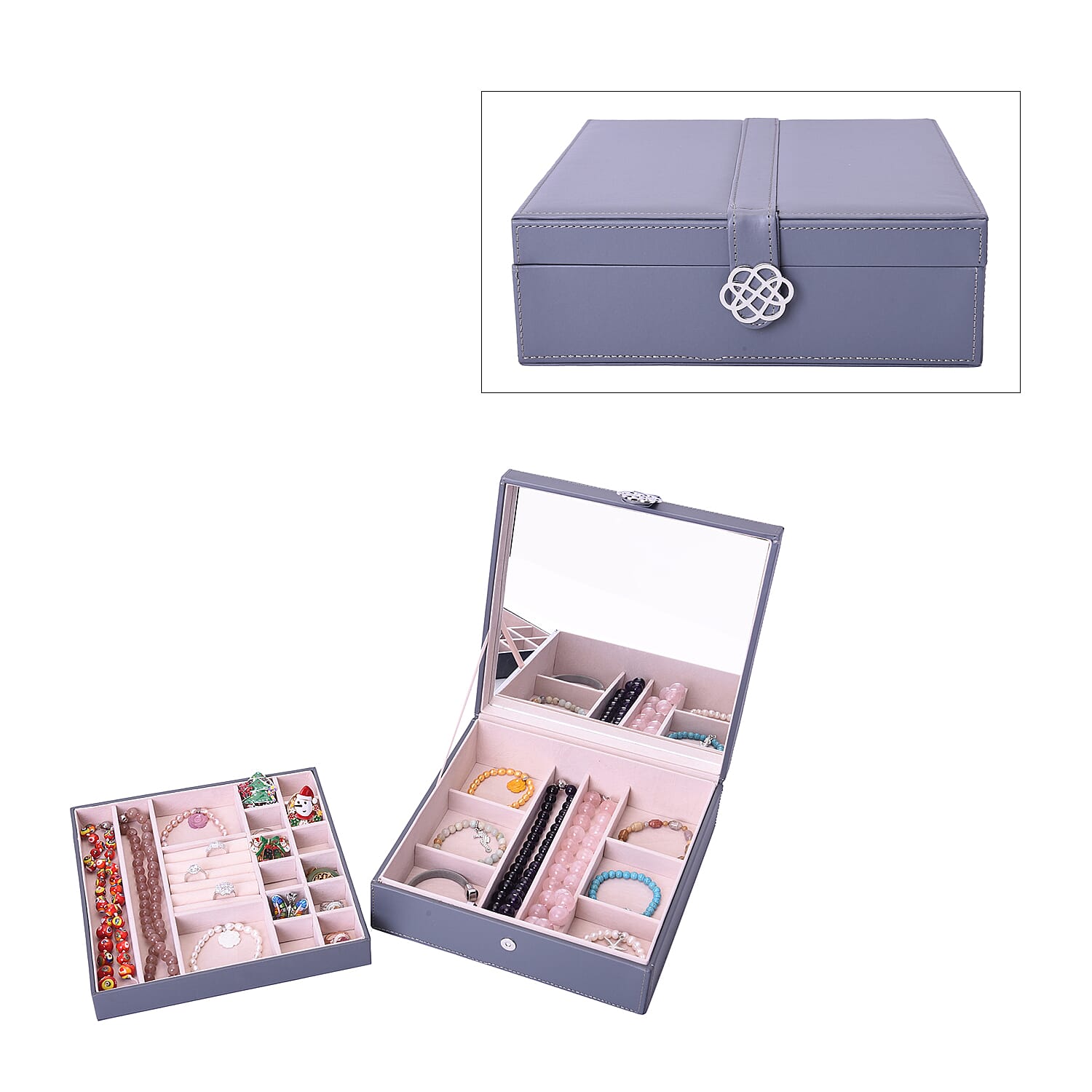 Two-Layer Grey Jewellery Box with Multiple Compartments and Mirror (Size 26x26x9cm)