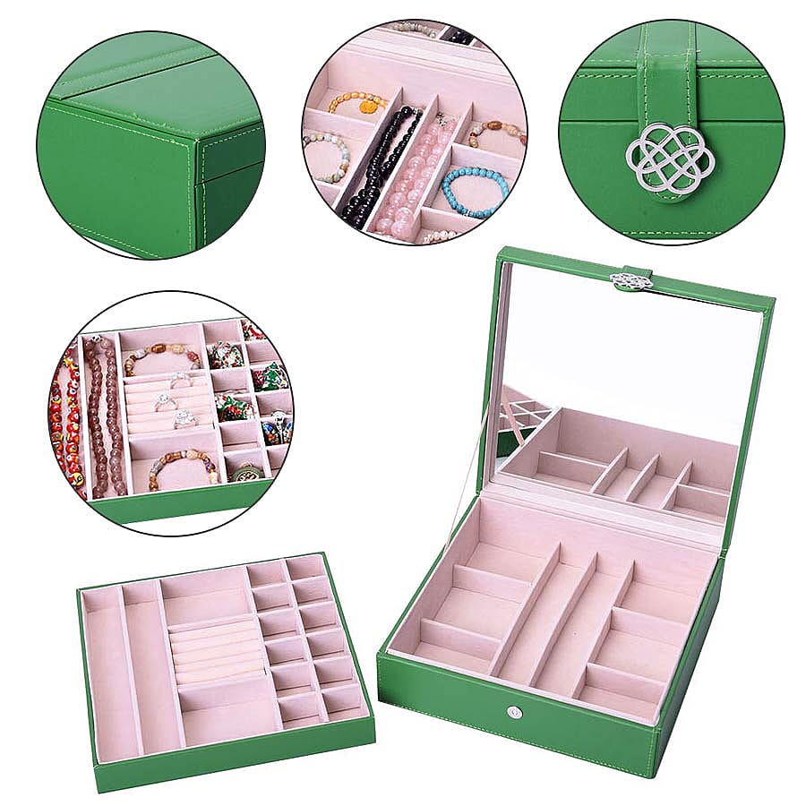 Two-Layer Green Jewellery Box with Multiple Compartments and Mirror (Size 26x26x9cm)